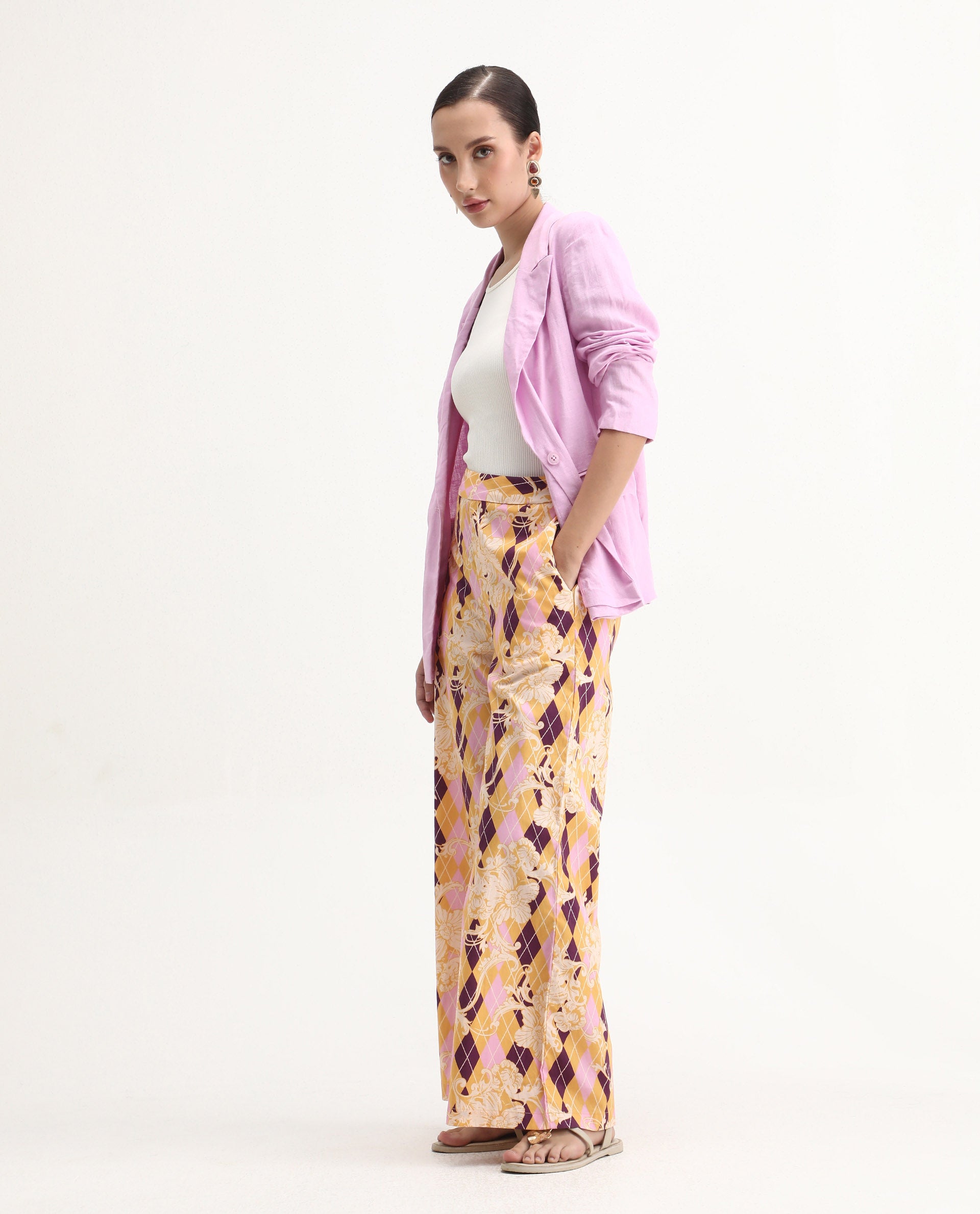 Rareism Women's Bari Light Multi Cotton Geometric Print Ankle Length Wide Trouser