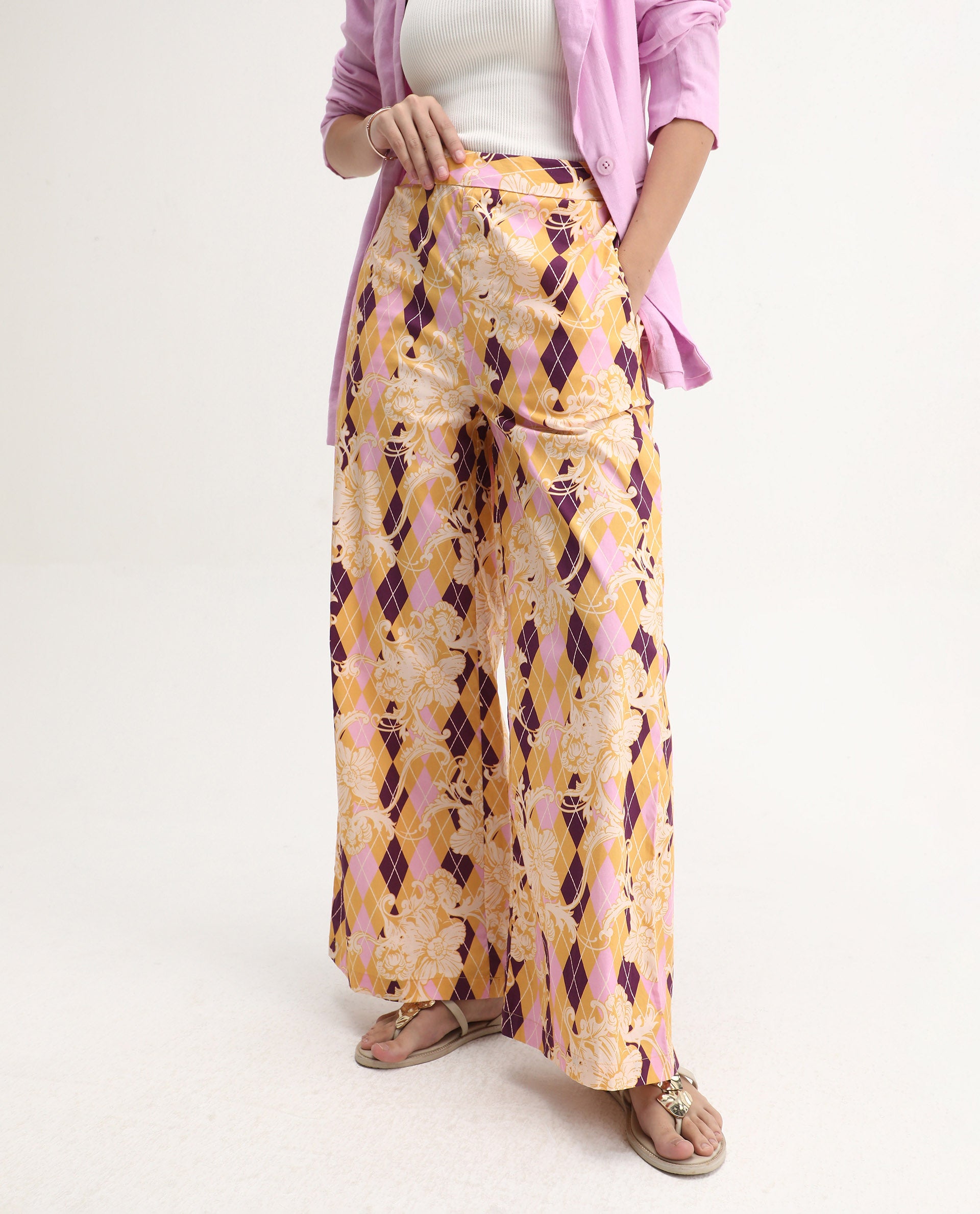 Rareism Women's Bari Light Multi Cotton Geometric Print Ankle Length Wide Trouser