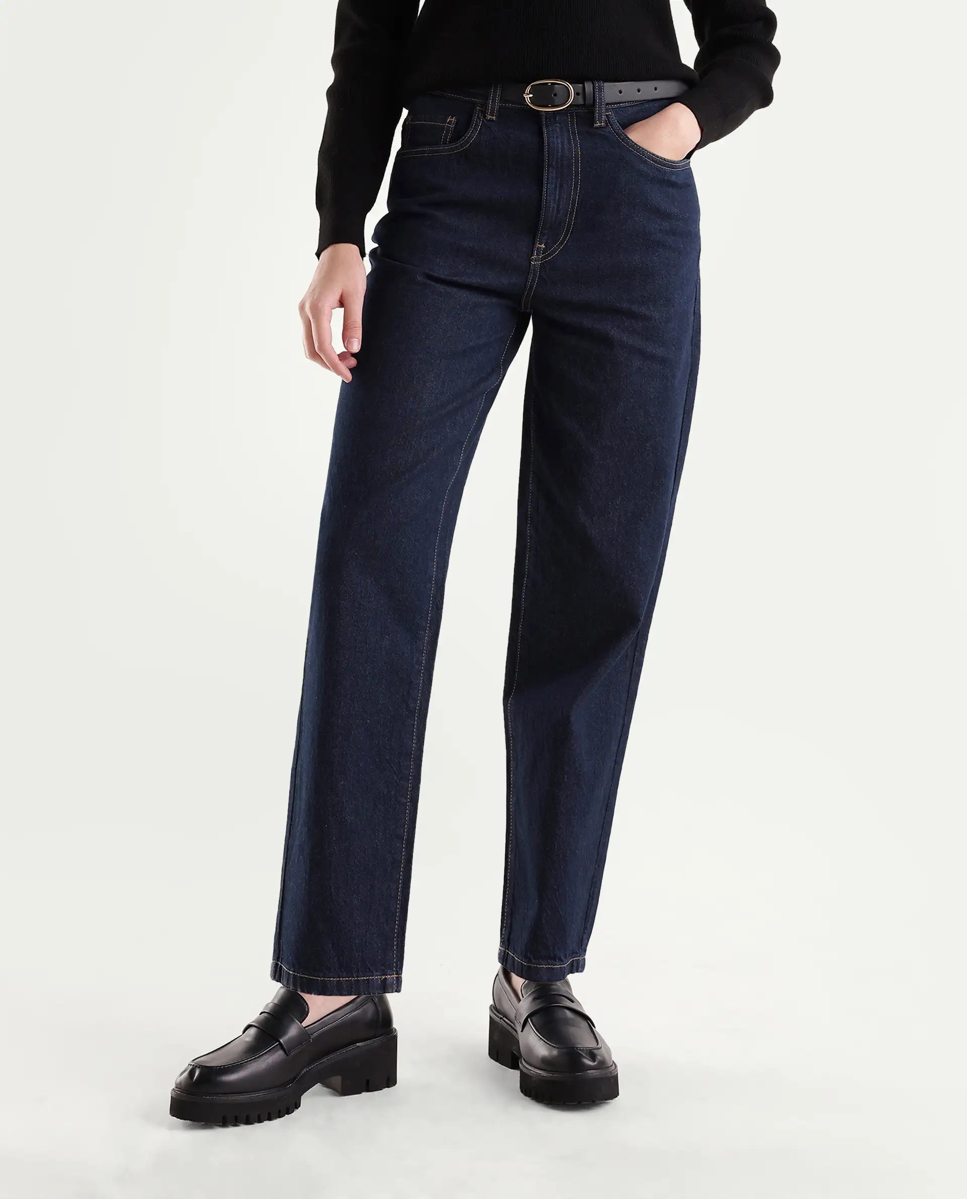 Rareism Women's Barol-3 Dark Navy Cotton Shank And Zipper Ankle Barrel Plain Jeans