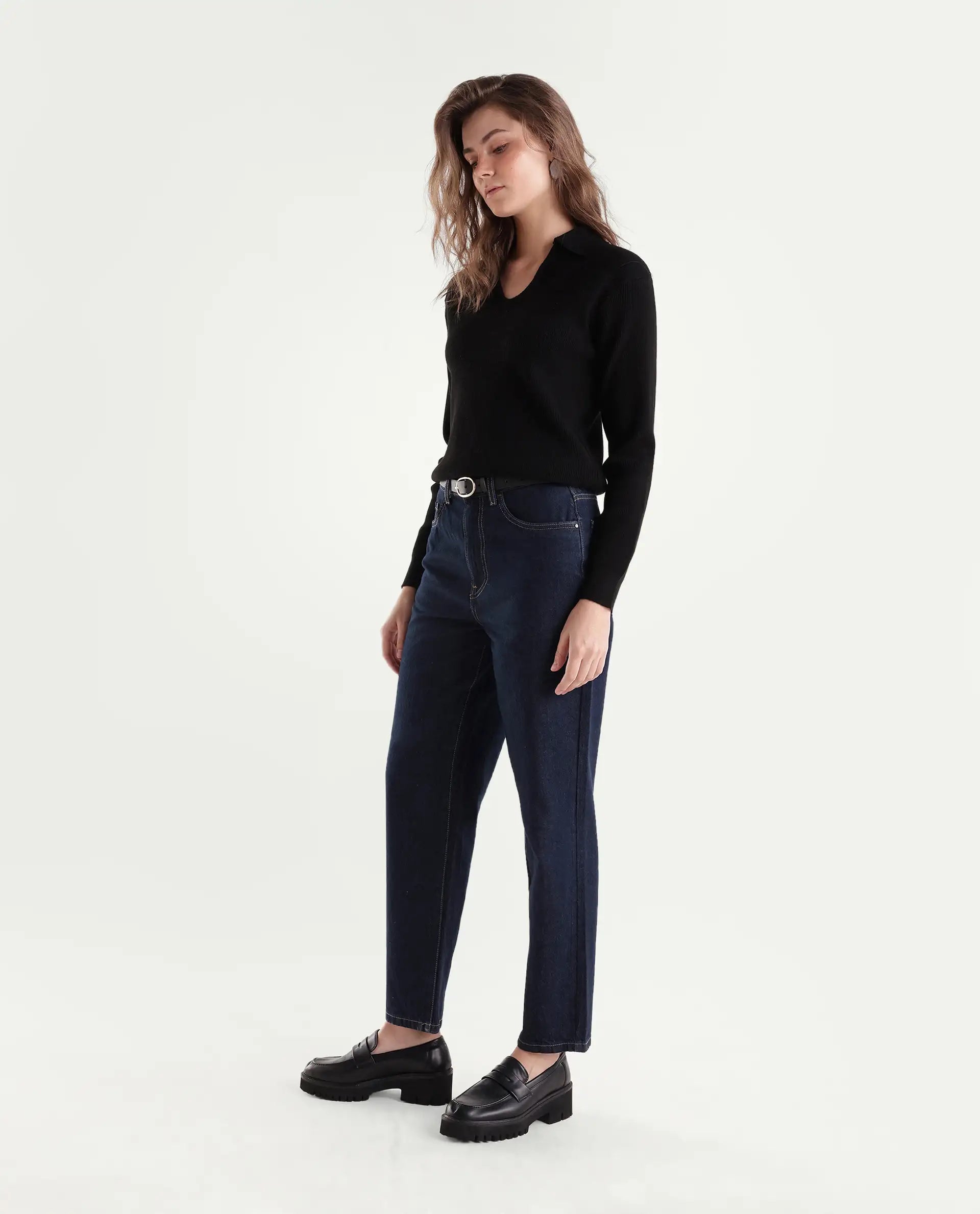 Rareism Women's Barol-3 Dark Navy Cotton Shank And Zipper Ankle Barrel Plain Jeans