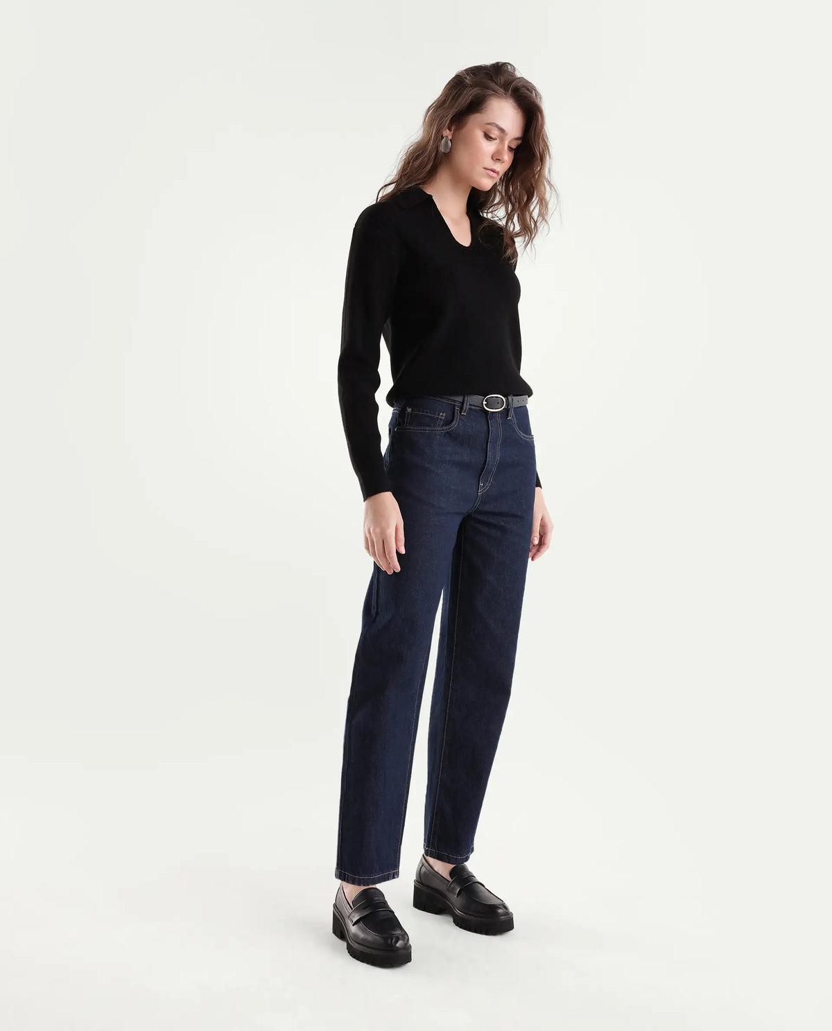Rareism Women's Barol-3 Dark Navy Cotton Shank And Zipper Ankle Barrel Plain Jeans
