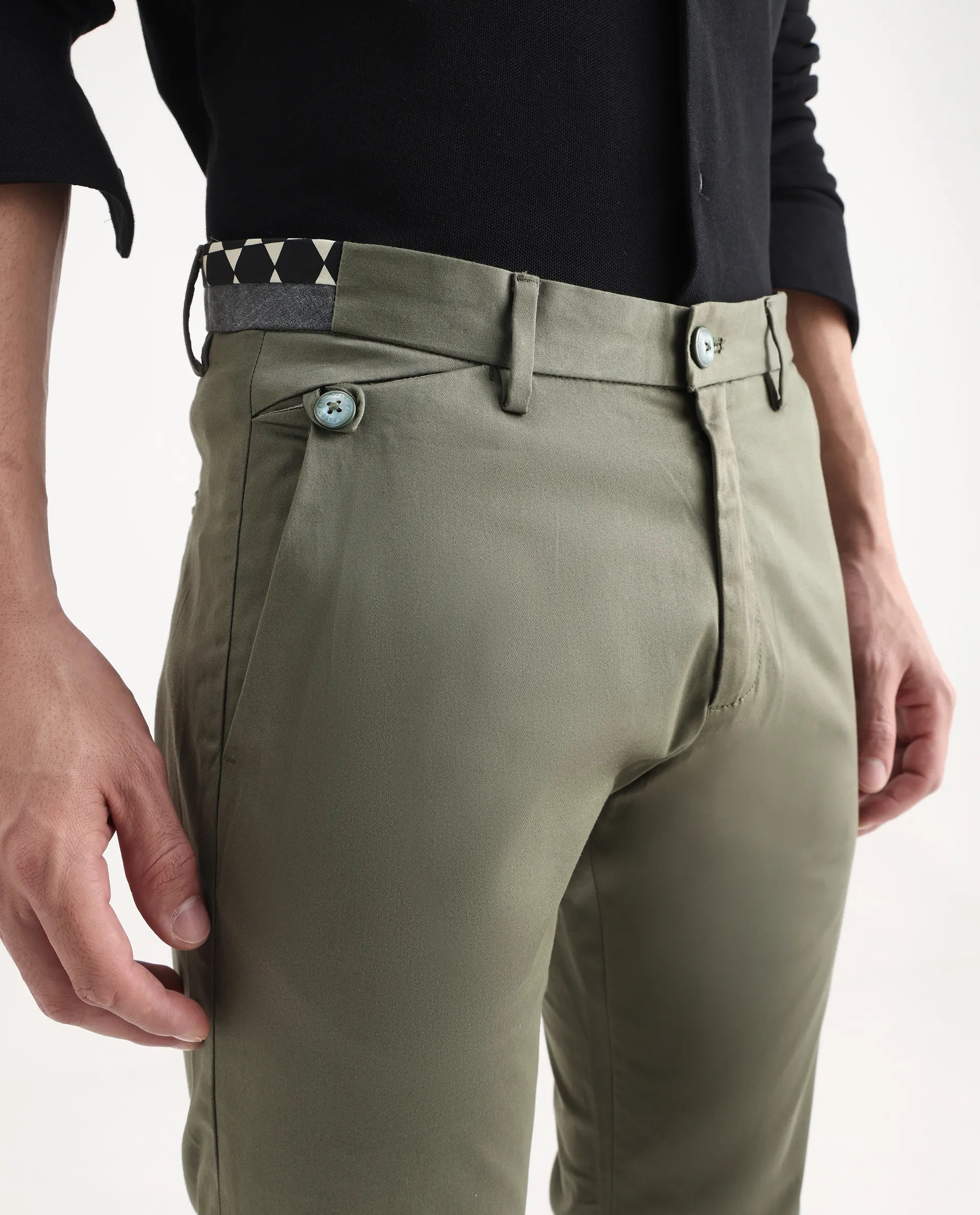 Rare Rabbit Men's Daron Olive Cotton Plain Regular Fit Trouser