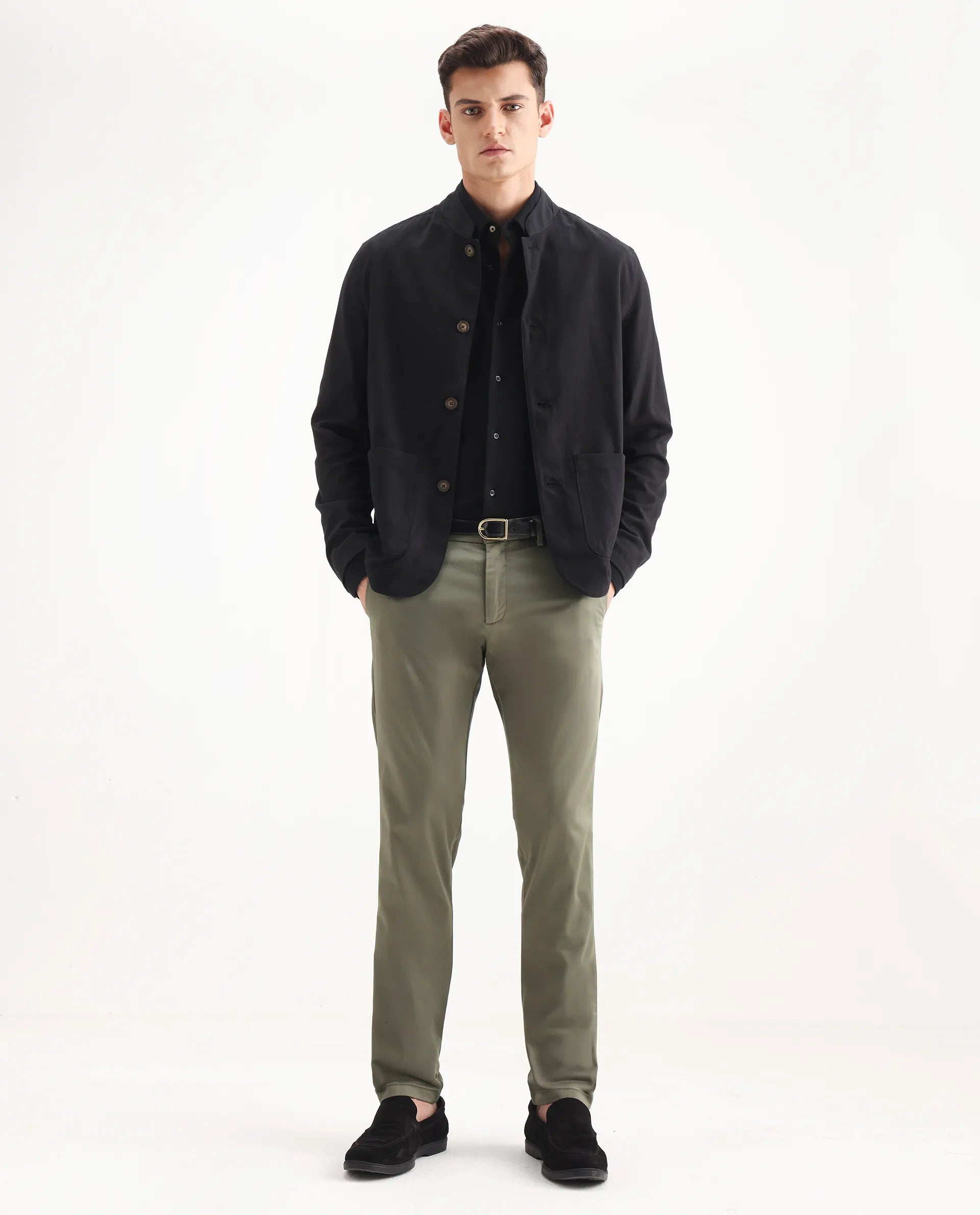 Rare Rabbit Men's Daron Olive Cotton Plain Regular Fit Trouser