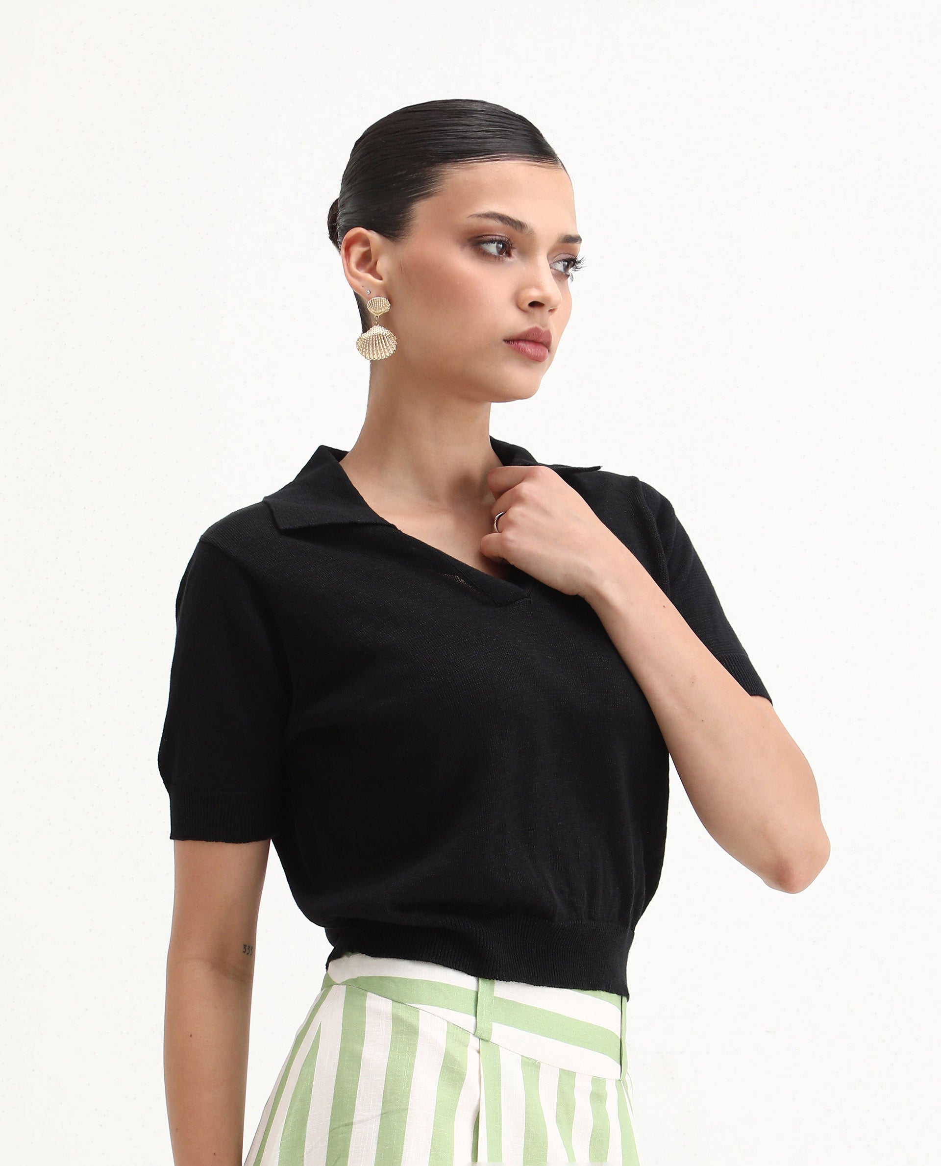 Rareism Women's Basel Black Cotton Linen Polo Neck Plain Regular Fit Polo