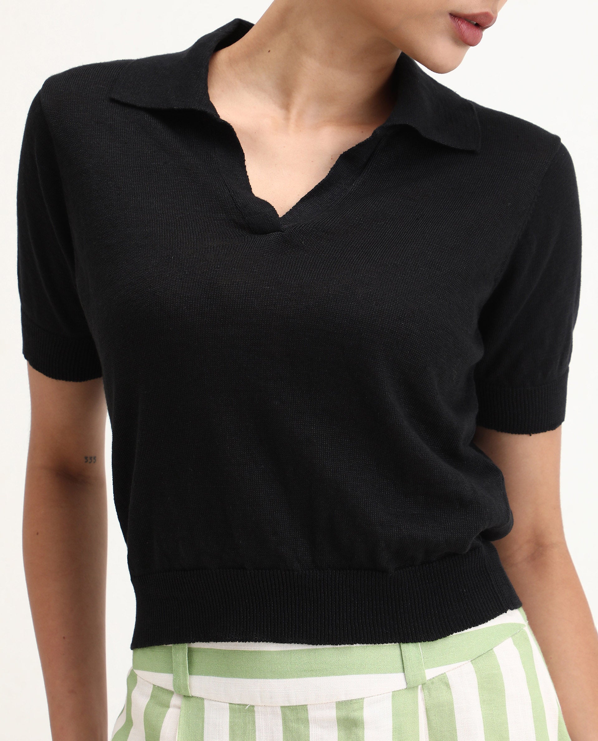 Rareism Women's Basel Black Cotton Linen Polo Neck Plain Regular Fit Polo
