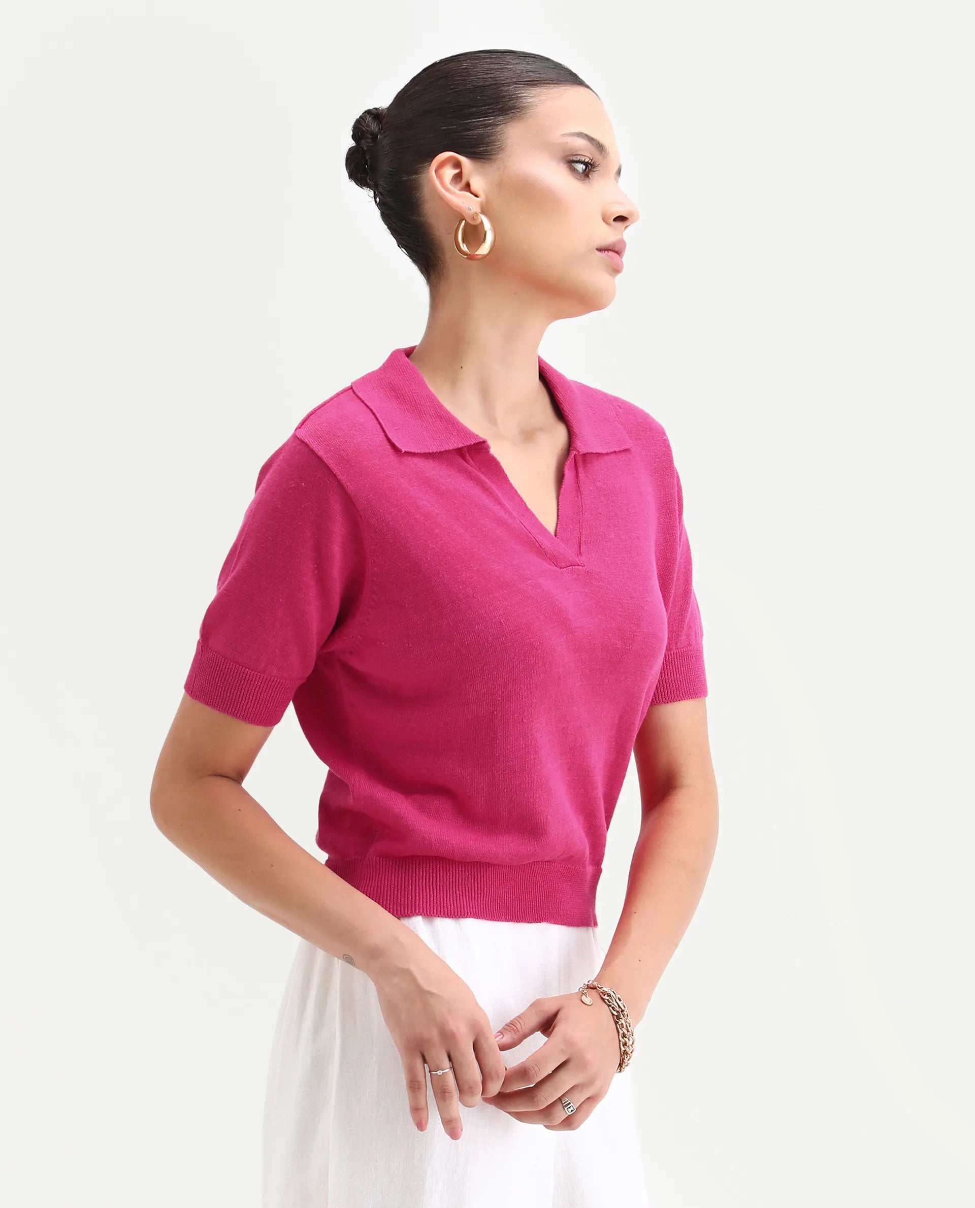 Rareism Women's Basel Flouroscent Pink Cotton Blend Polo Neck Plain Regular Fit Polo