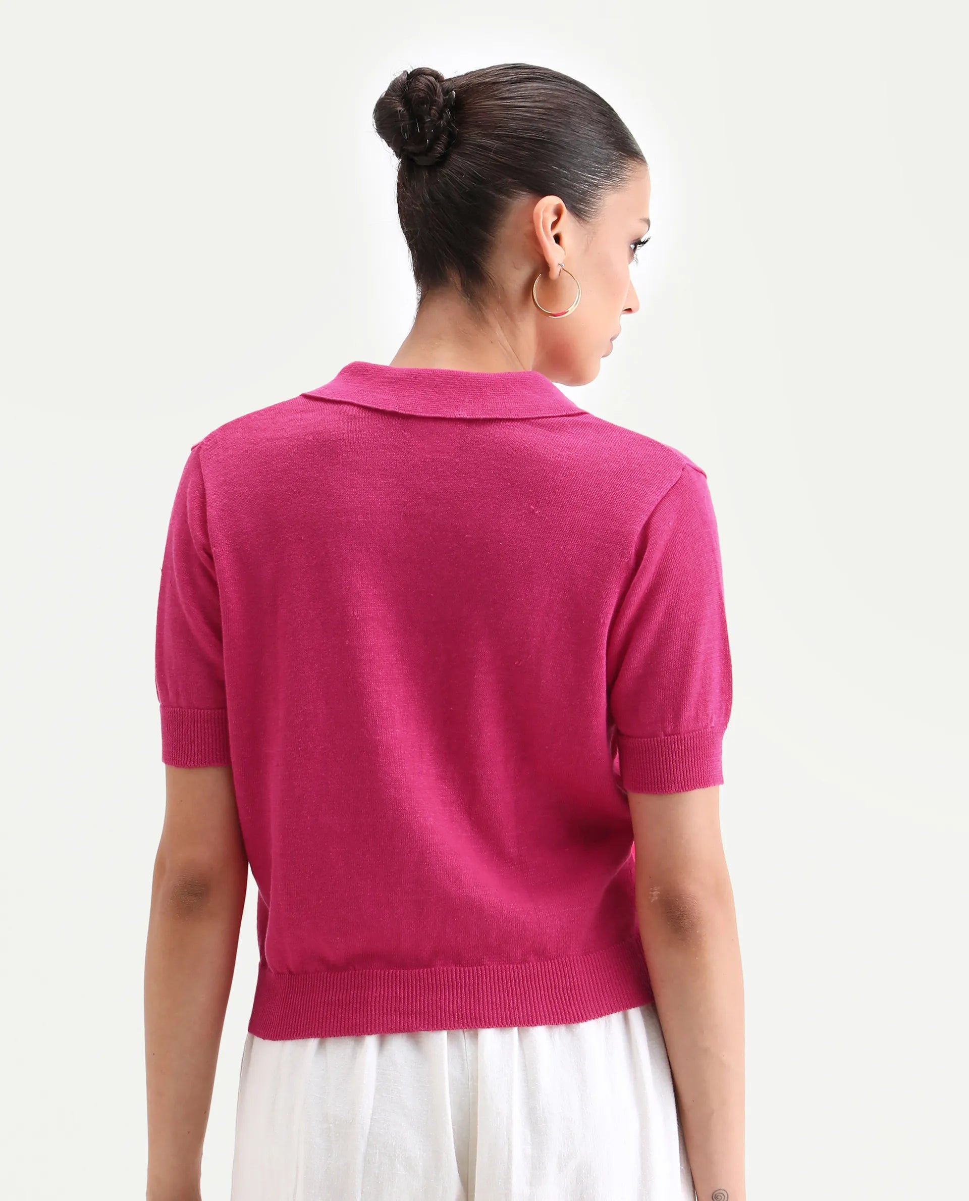 Rareism Women's Basel Flouroscent Pink Cotton Blend Polo Neck Plain Regular Fit Polo