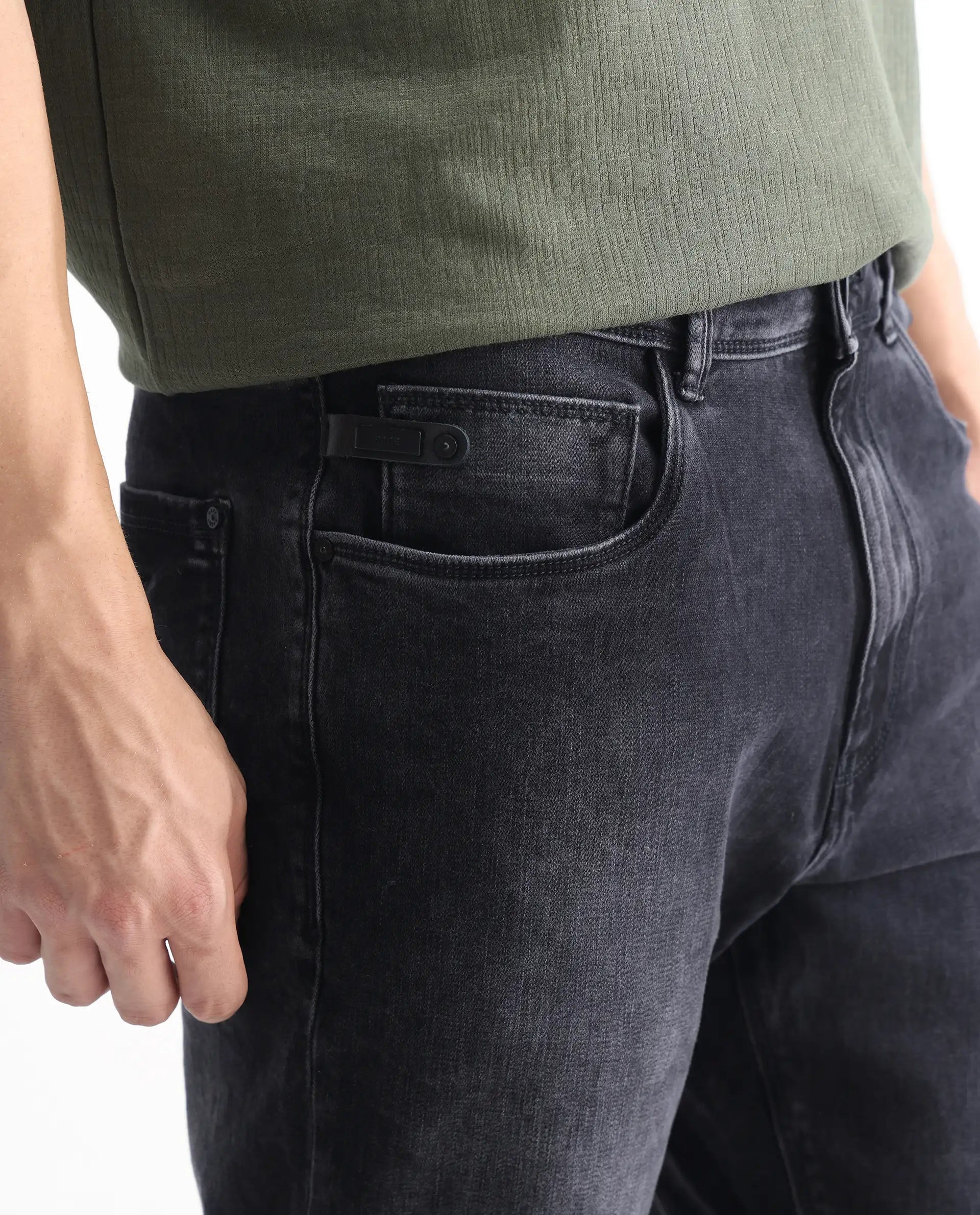 Rare Rabbit Men's Batten Grey Cotton Plain Hawk Slim Fit Jeans