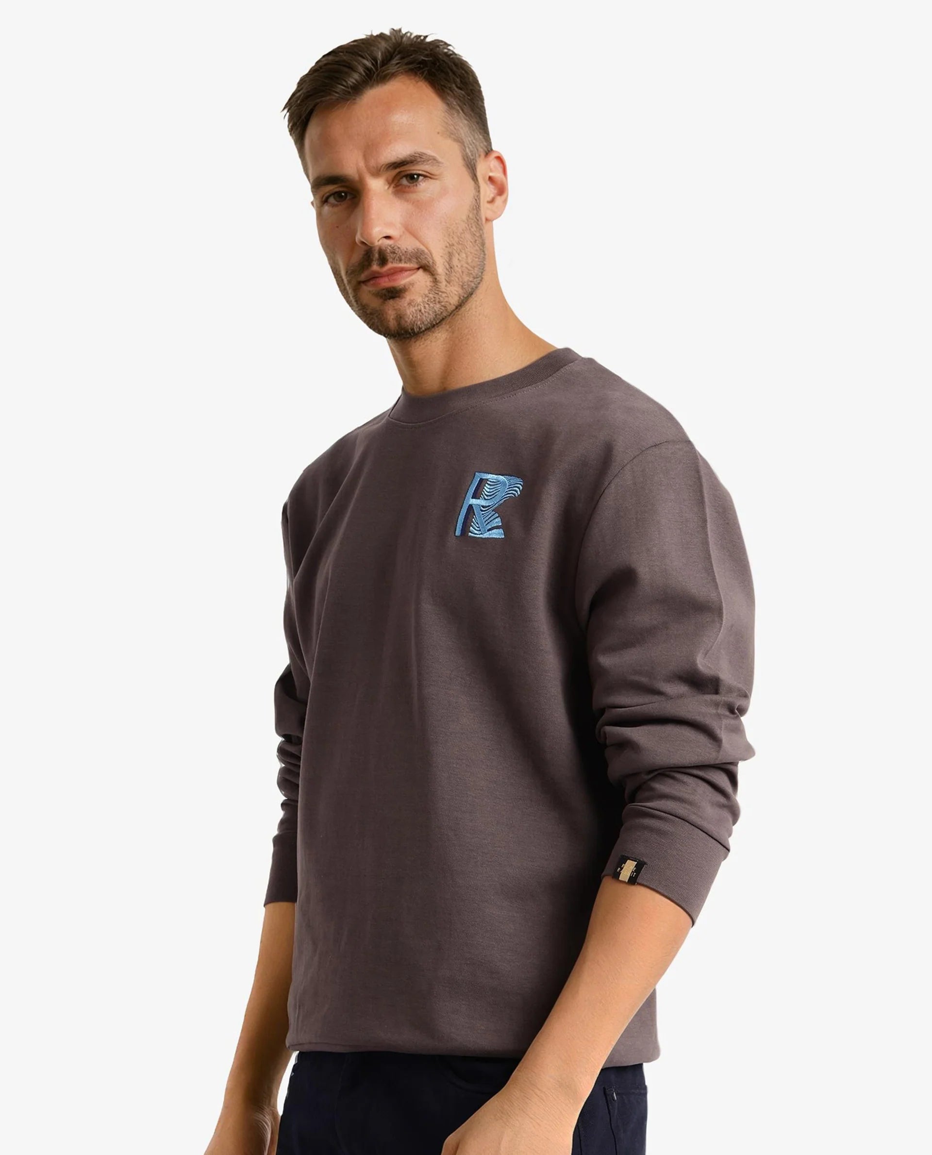 Rare Rabbit Men Bay Dark Grey Cotton Full Sleeve Crew Neck Embroidered Logo Sweatshirt