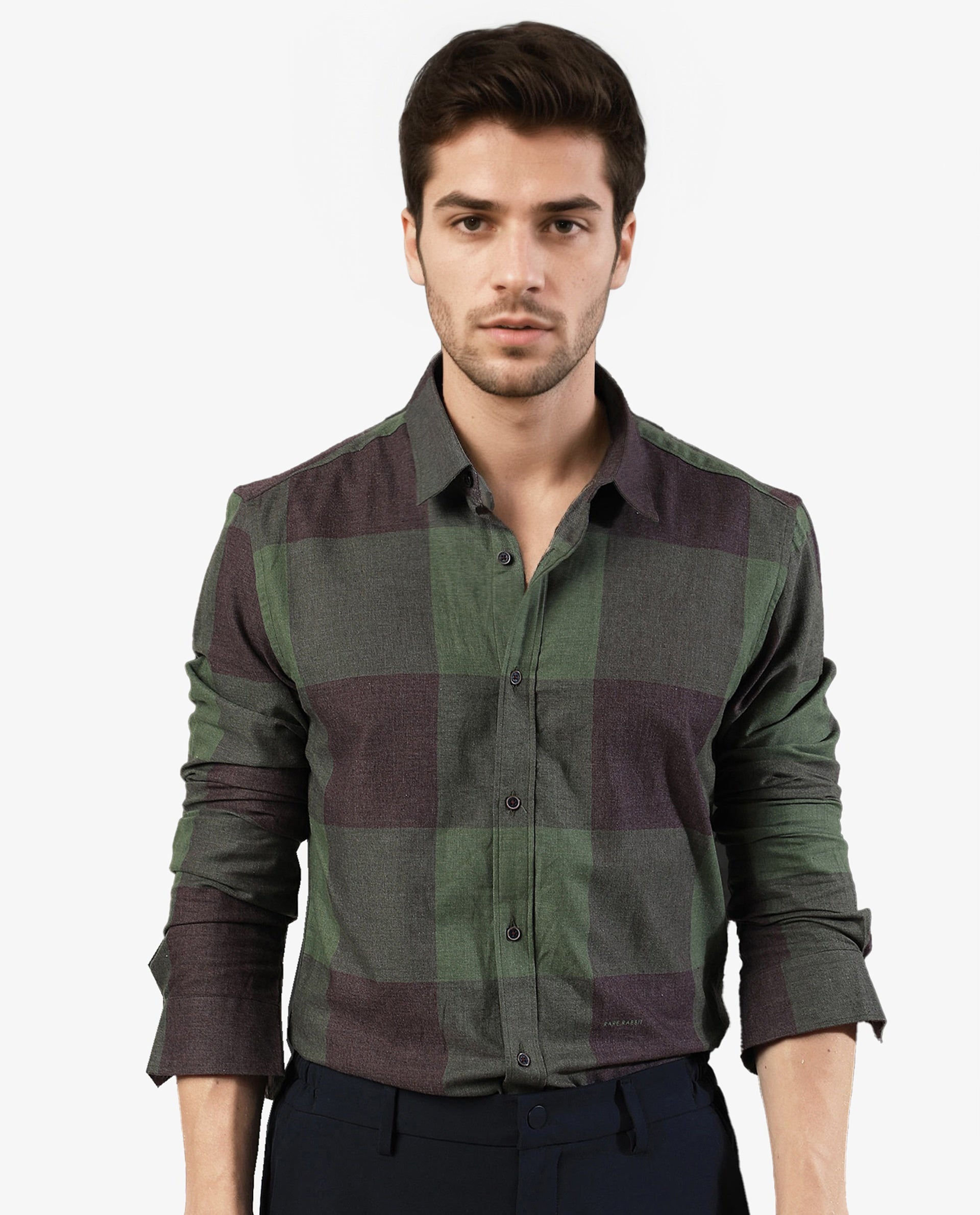 Rare Rabbit Men's Beavers Olive Cotton Polyester Fabric Full Sleeves Twill Checks Shirt