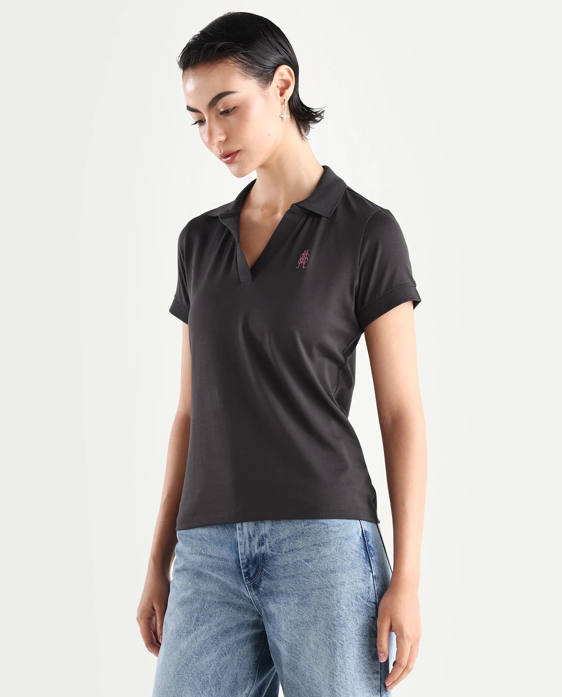 Rareism Women's Bern Dark Grey Cotton Blend Polo Neck Plain Regular Fit Polo