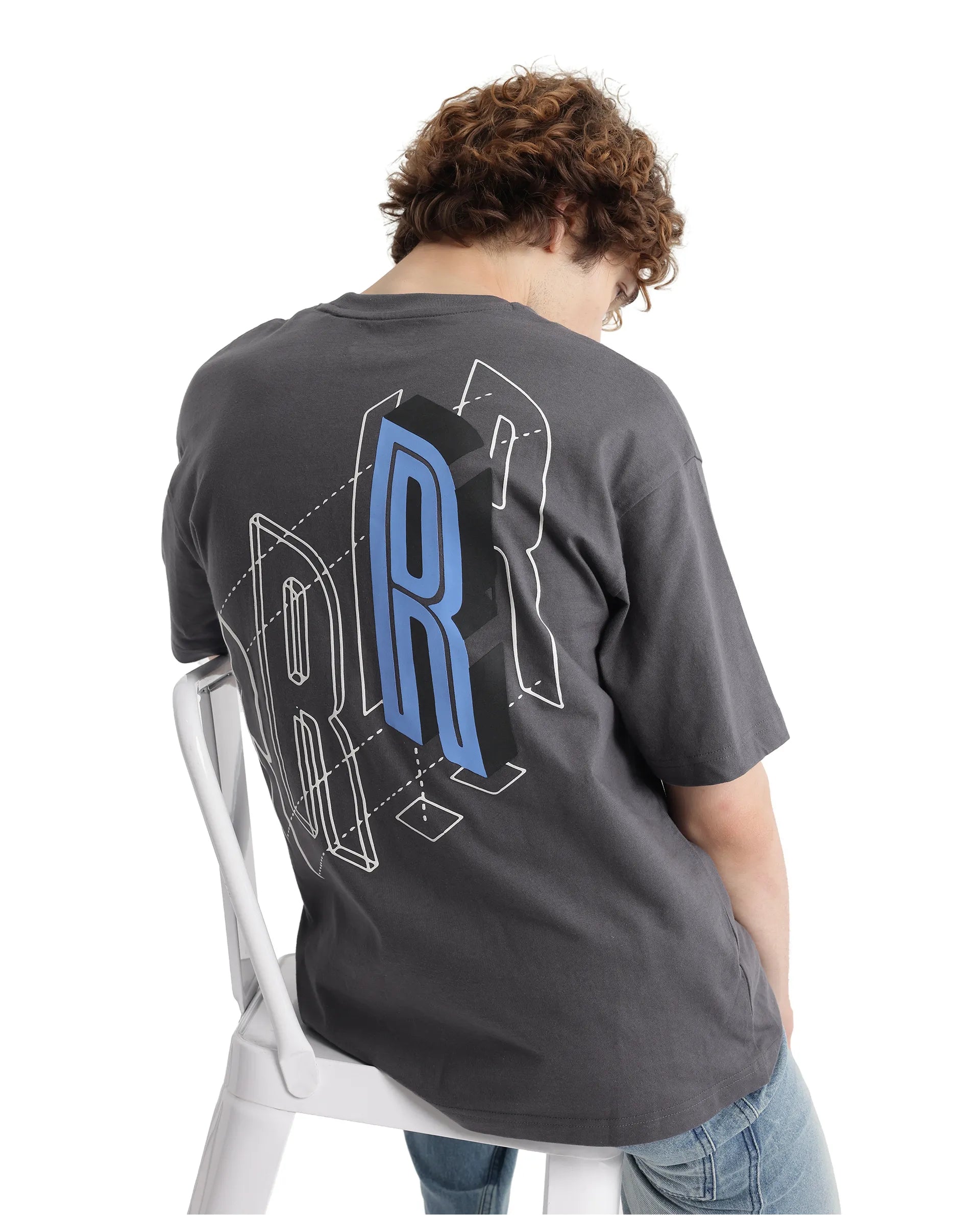 Rare Rabbit Men Belet Dark Grey Cotton Fabric Short Sleeve Crew Neck Oversized Fit HD Backprint with Label Details T-Shirt