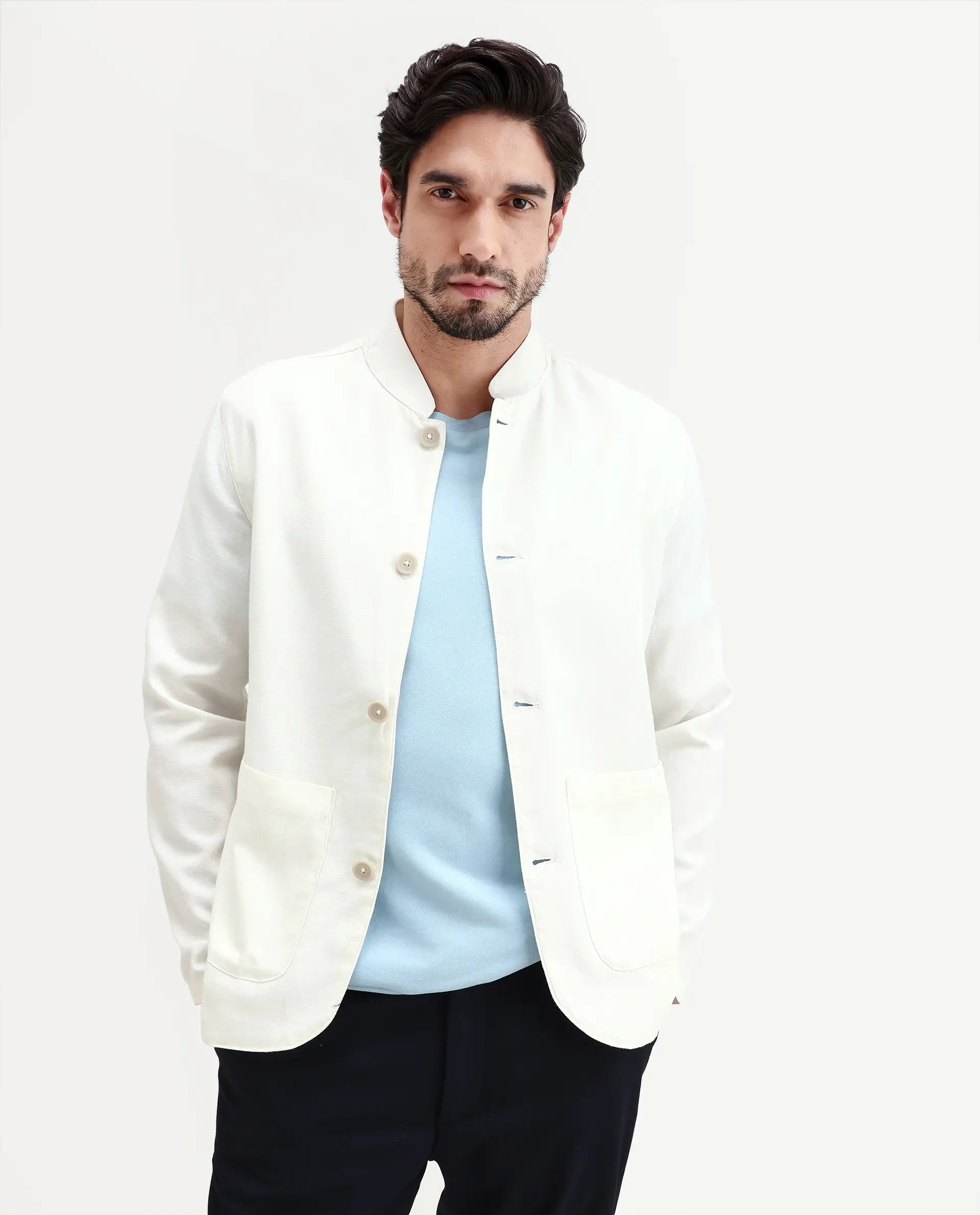 Rare Rabbit Men's Bela Off White Linen Blend Fabric Mandarin Collar Neck Tailored Fit Coat