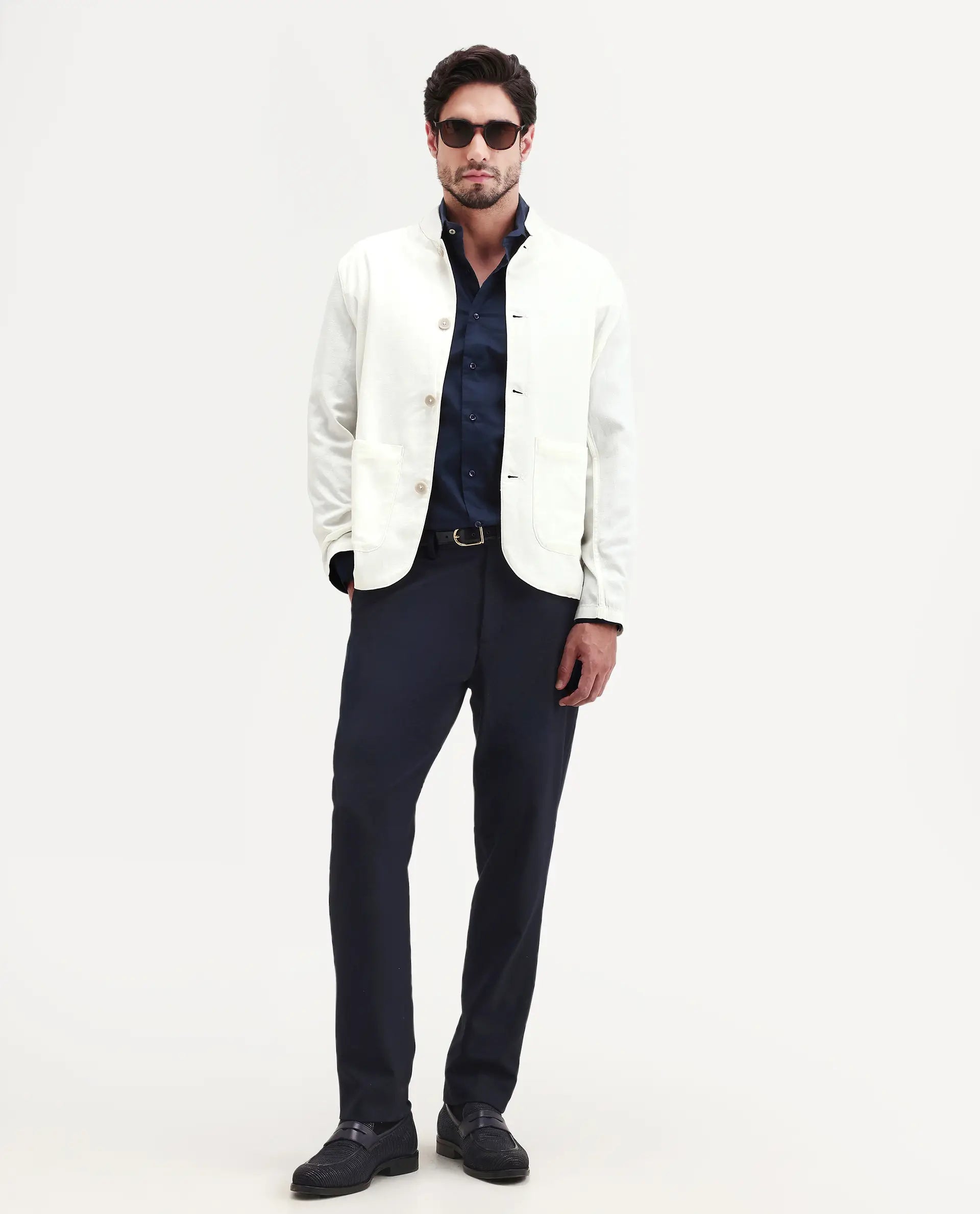 Rare Rabbit Men's Bela Off White Linen Blend Fabric Mandarin Collar Neck Tailored Fit Coat