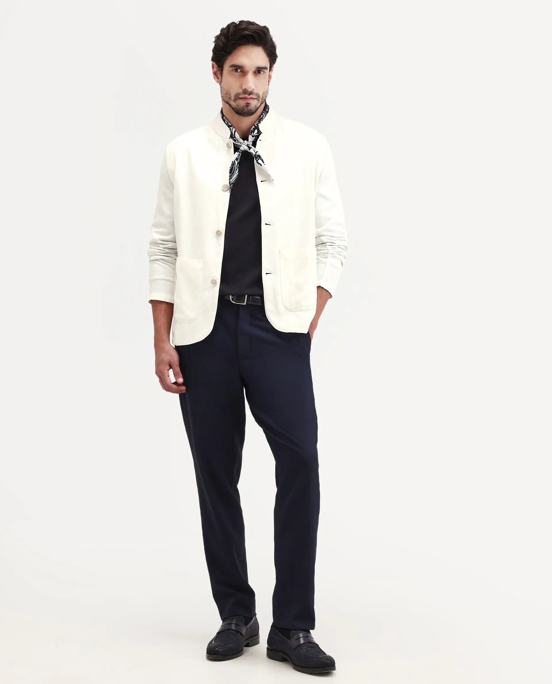 Rare Rabbit Men's Bela Off White Linen Blend Fabric Mandarin Collar Neck Tailored Fit Coat