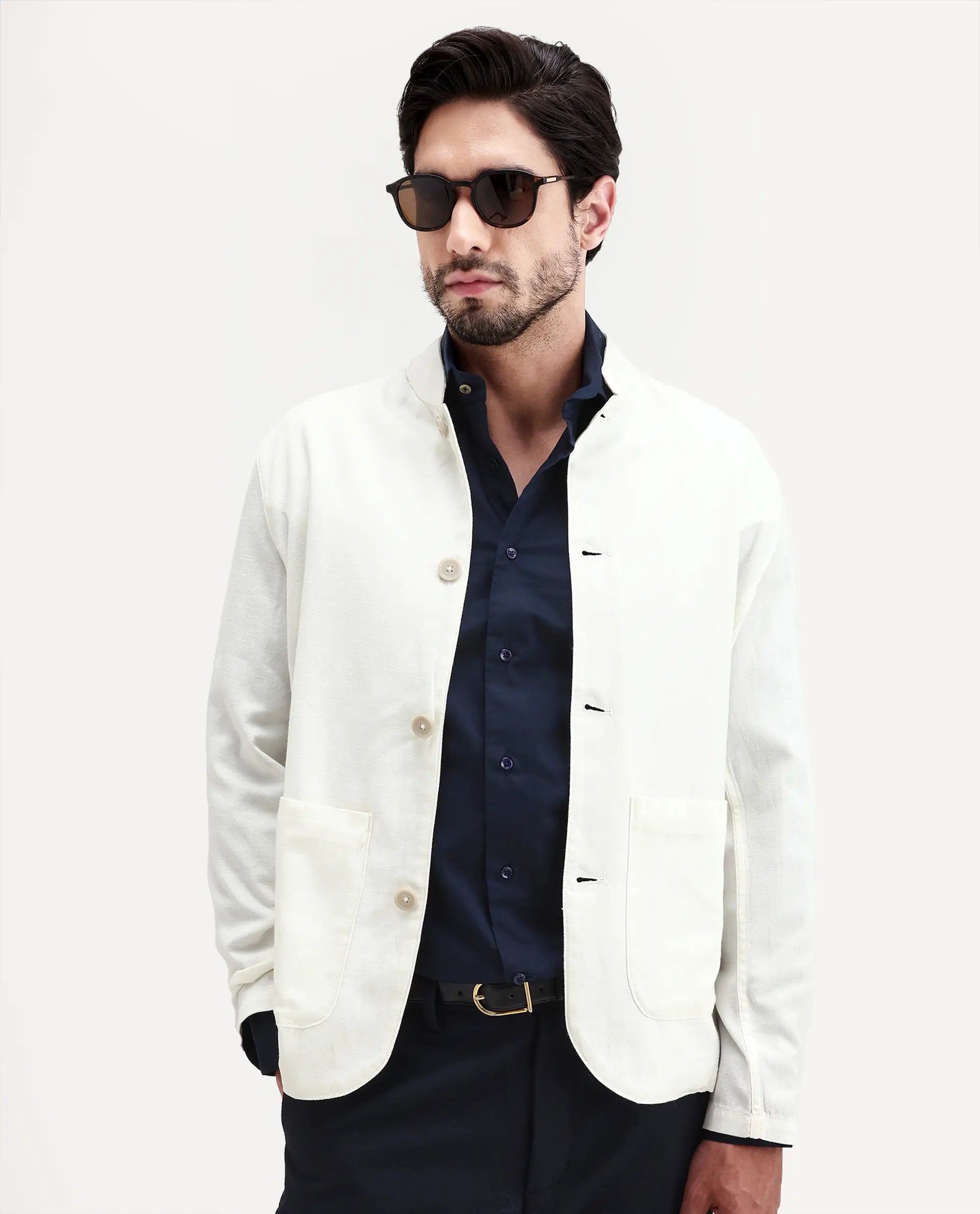 Rare Rabbit Men's Bela Off White Linen Blend Fabric Mandarin Collar Neck Tailored Fit Coat