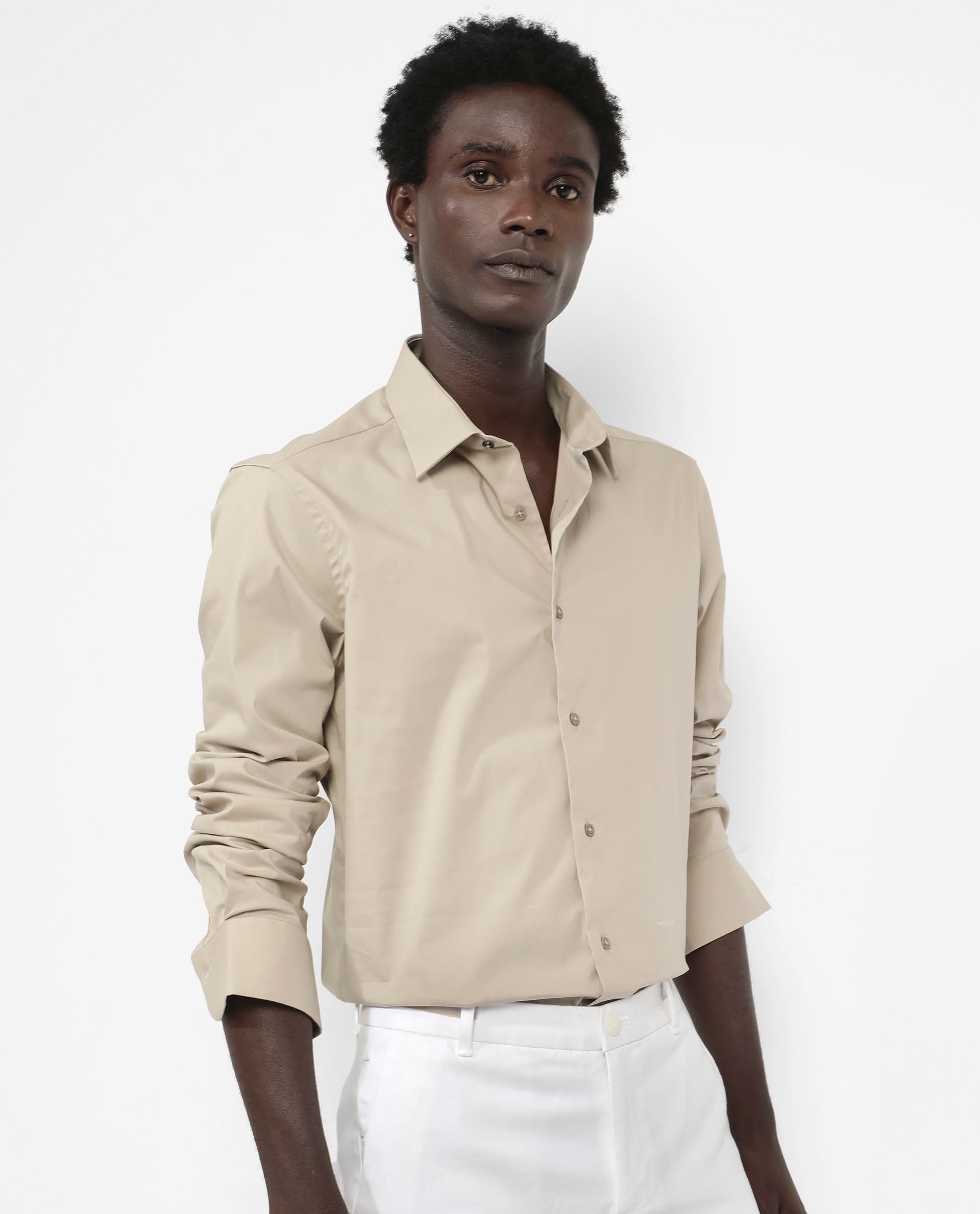 Rare Rabbit Men's Benedict Beige Cotton Poly Elastane Blend Fabric Full Sleeve Solid Formal Shirt