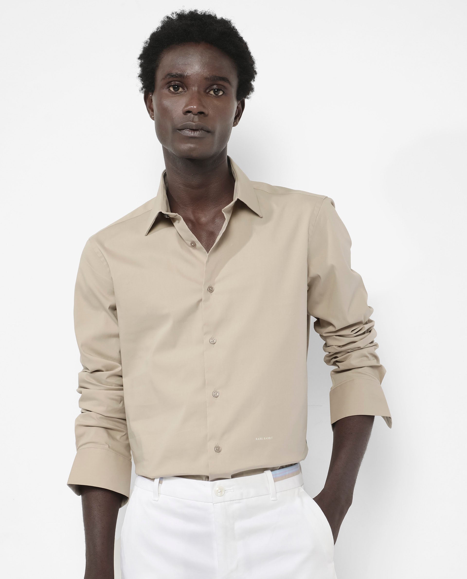 Rare Rabbit Men's Benedict Beige Cotton Poly Elastane Blend Fabric Full Sleeve Solid Formal Shirt