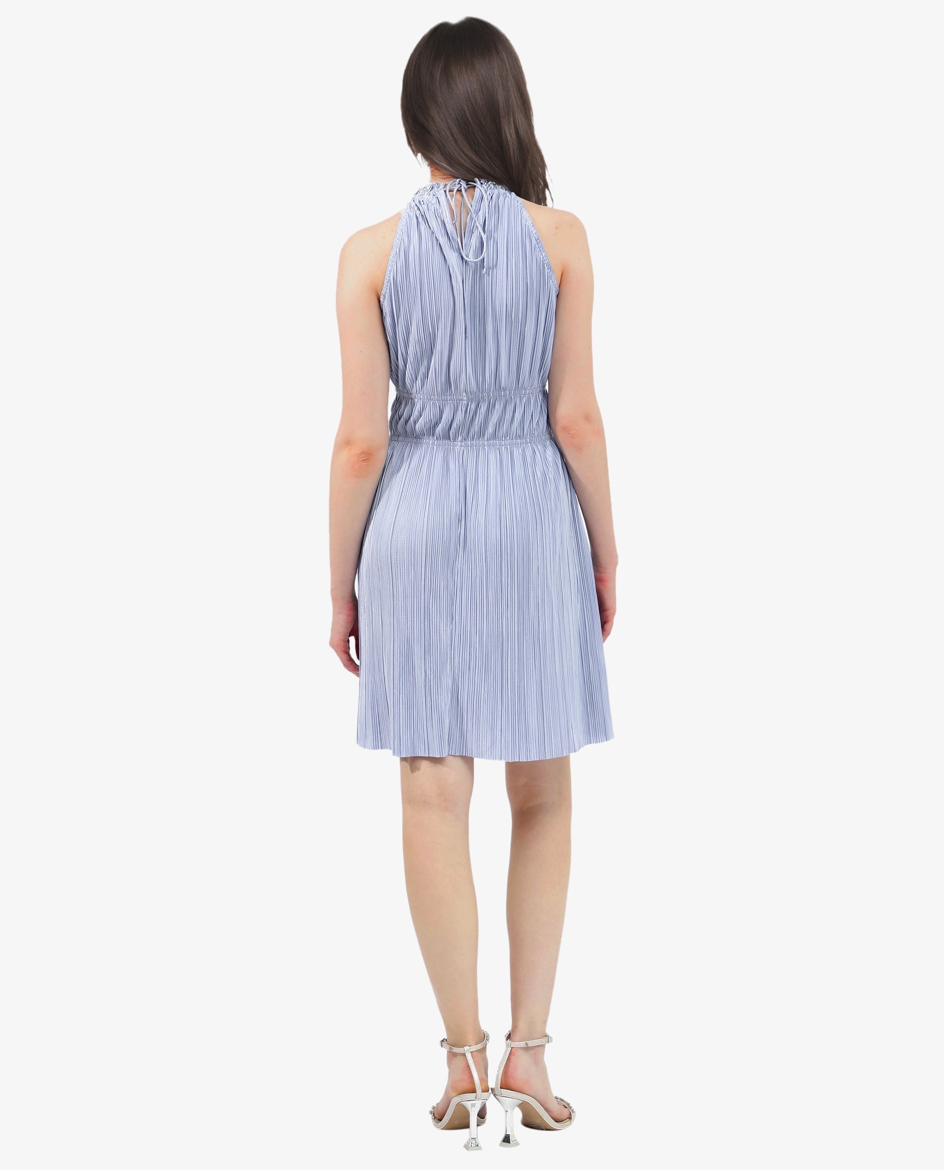 Rareism Women's Berkyn Purple Polyester Fabric Halter Neck Tie-Up Closure Sleeveless Plain Fit And Flare Mini Dress