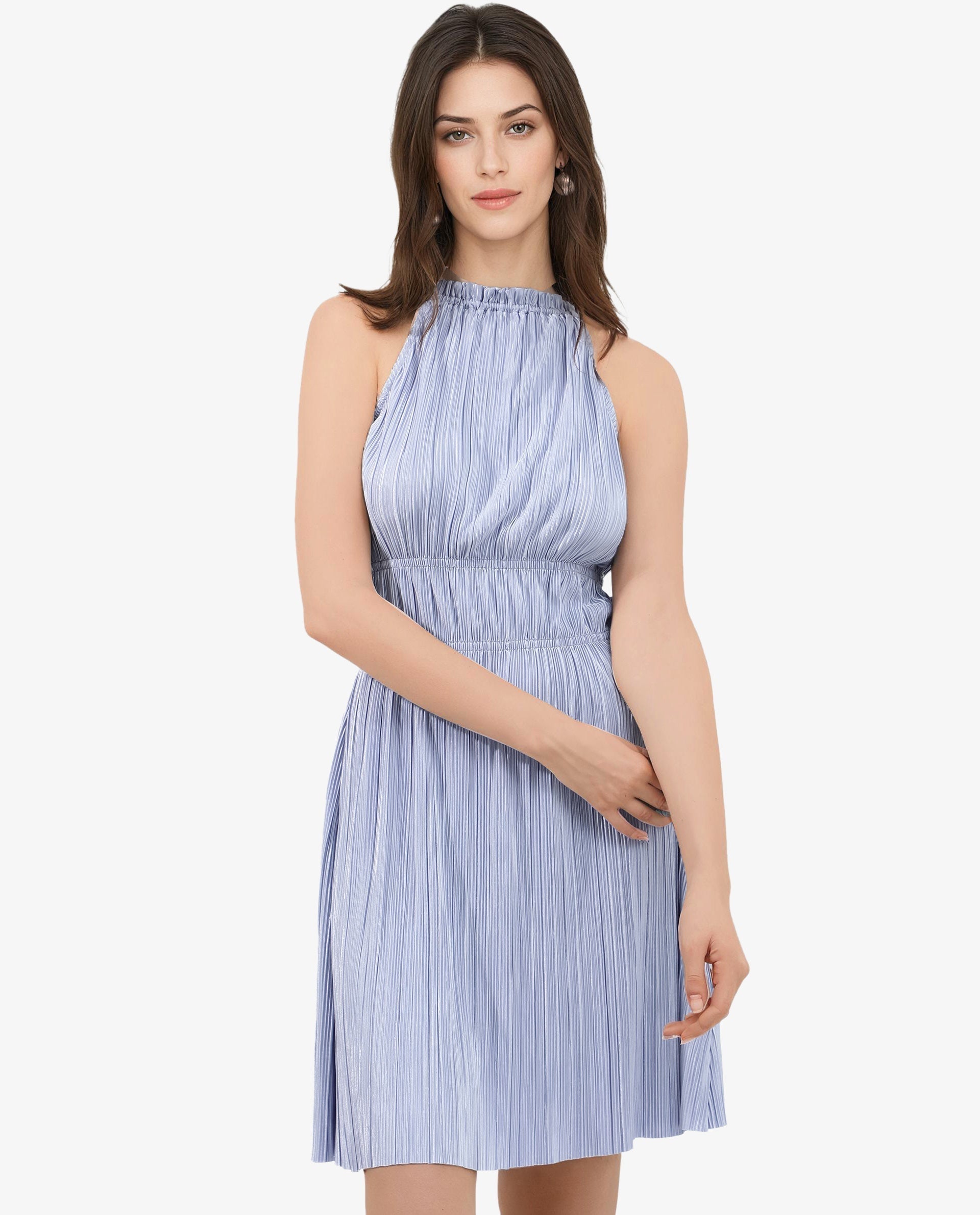 Rareism Women's Berkyn Purple Polyester Fabric Halter Neck Tie-Up Closure Sleeveless Plain Fit And Flare Mini Dress