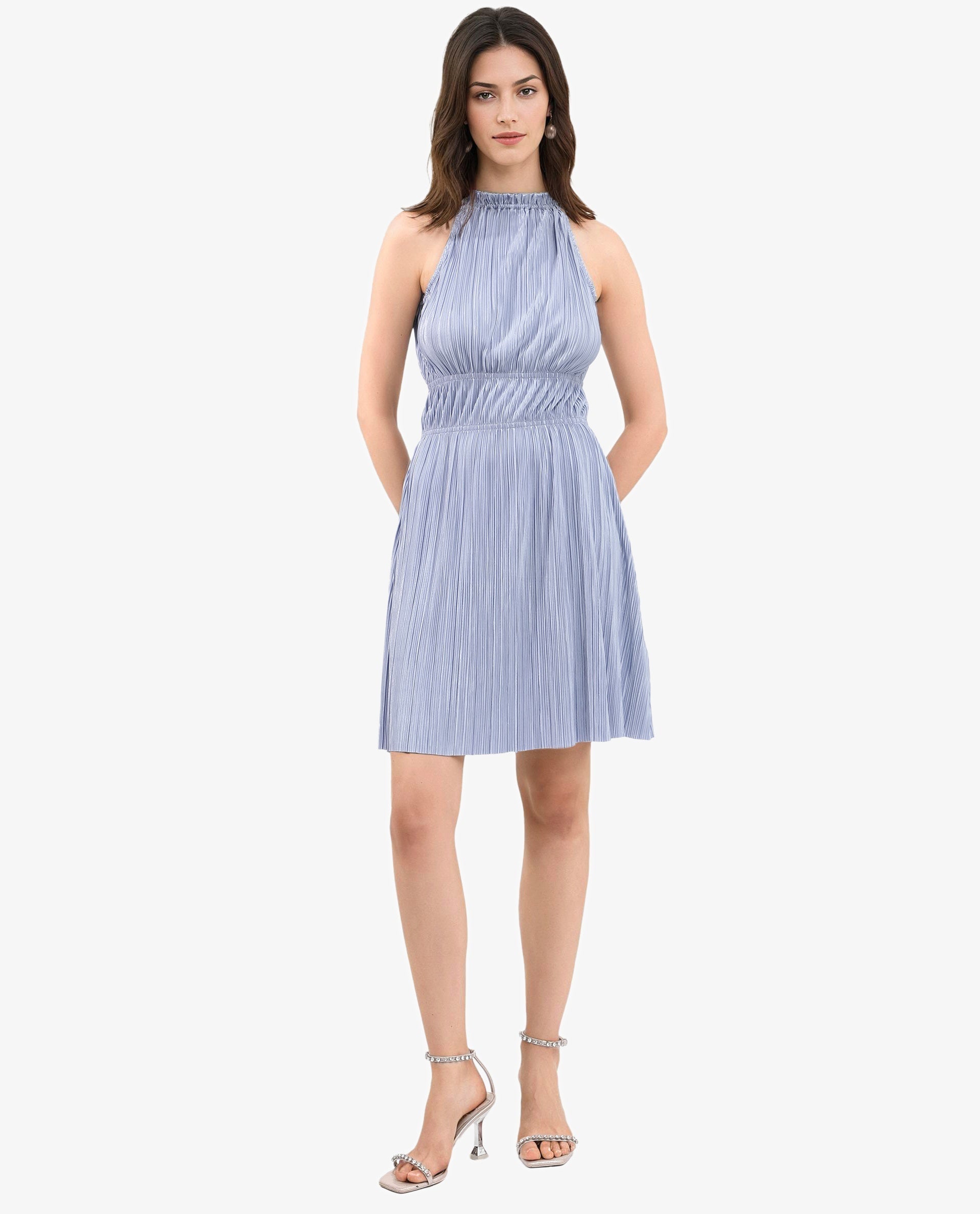 Rareism Women's Berkyn Purple Polyester Fabric Halter Neck Tie-Up Closure Sleeveless Plain Fit And Flare Mini Dress