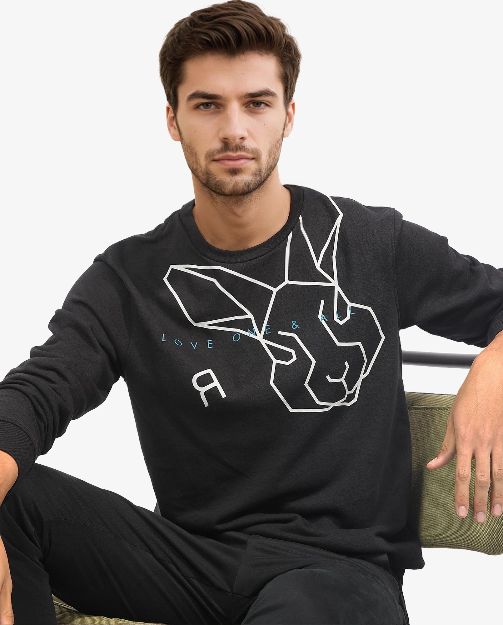 Rare Rabbit Men's Bermann Black Cotton Polyester Fabric Full Sleeves Graphic Printed Logo Sweatshirt