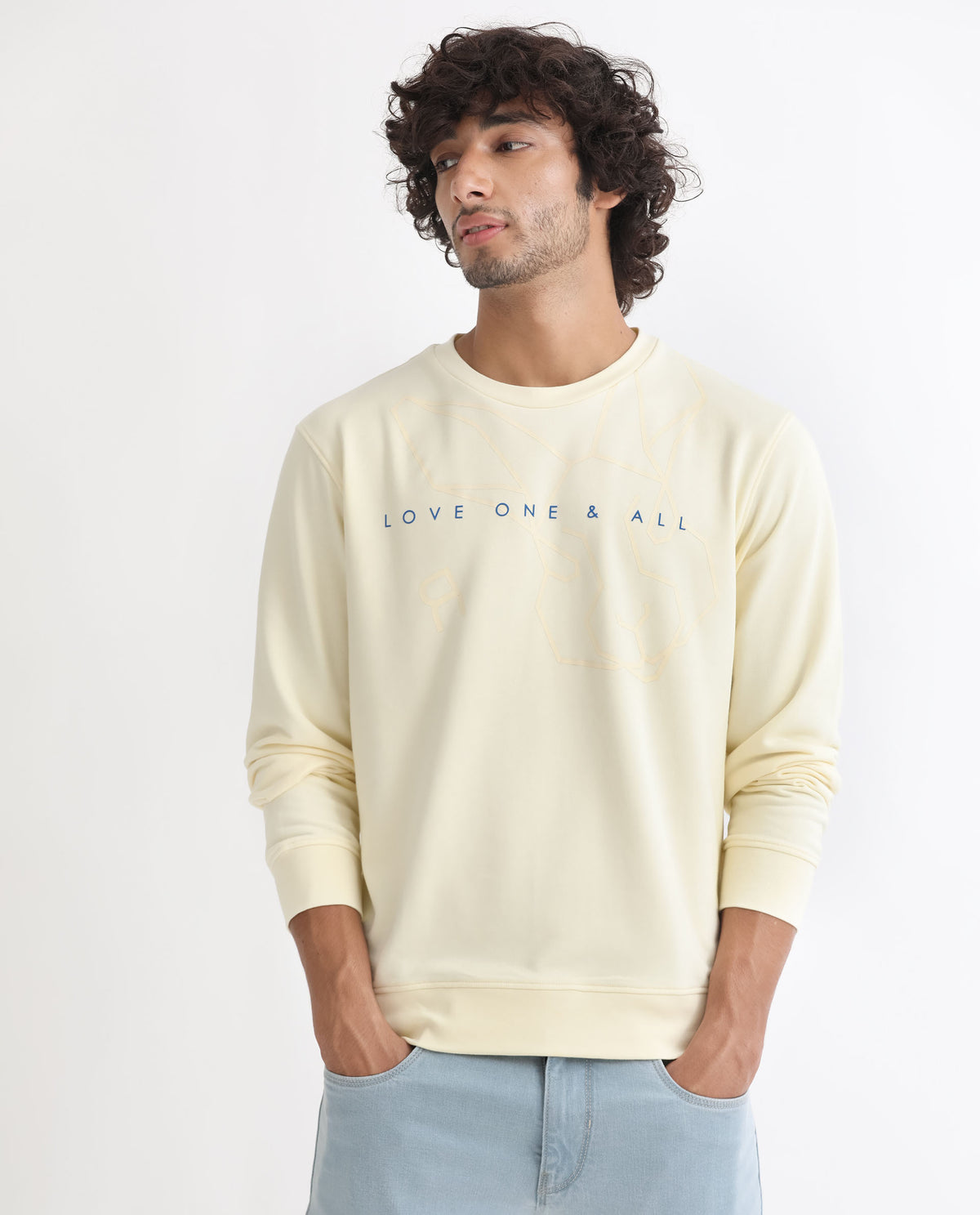 Rare Rabbit Men's Bermann Yellow Cotton Polyester Fabric Full Sleeves Graphic Printed Logo Sweatshirt