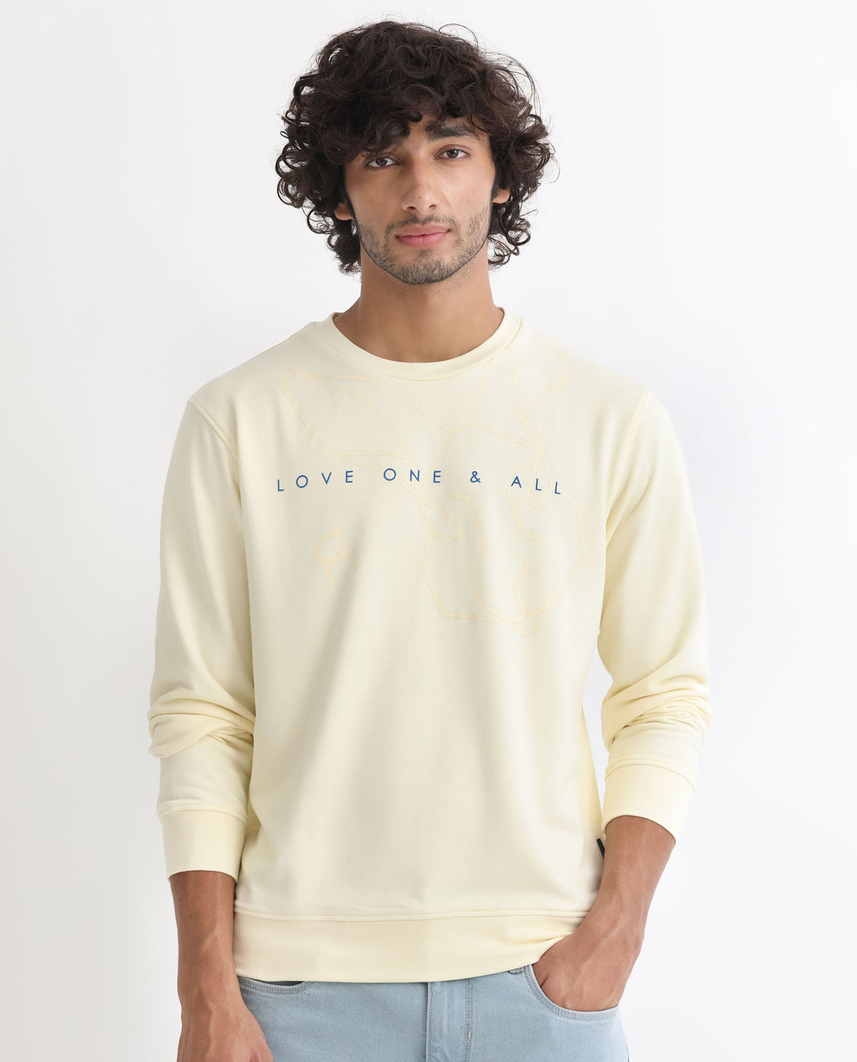Rare Rabbit Men's Bermann Yellow Cotton Polyester Fabric Full Sleeves Graphic Printed Logo Sweatshirt
