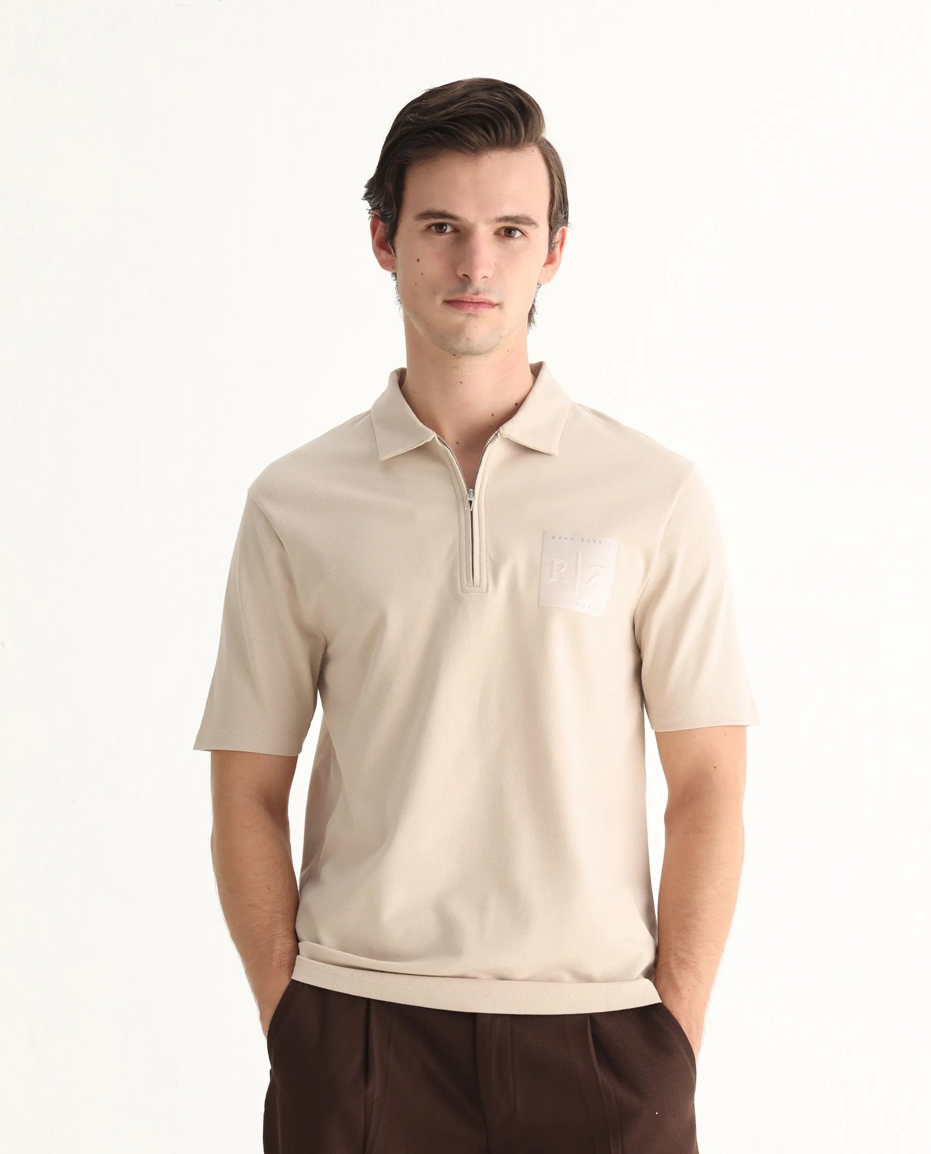 Rare Rabbit Men's Berner Beige Cotton Blend Graphic Print Regular Fit Half Sleeve Polo