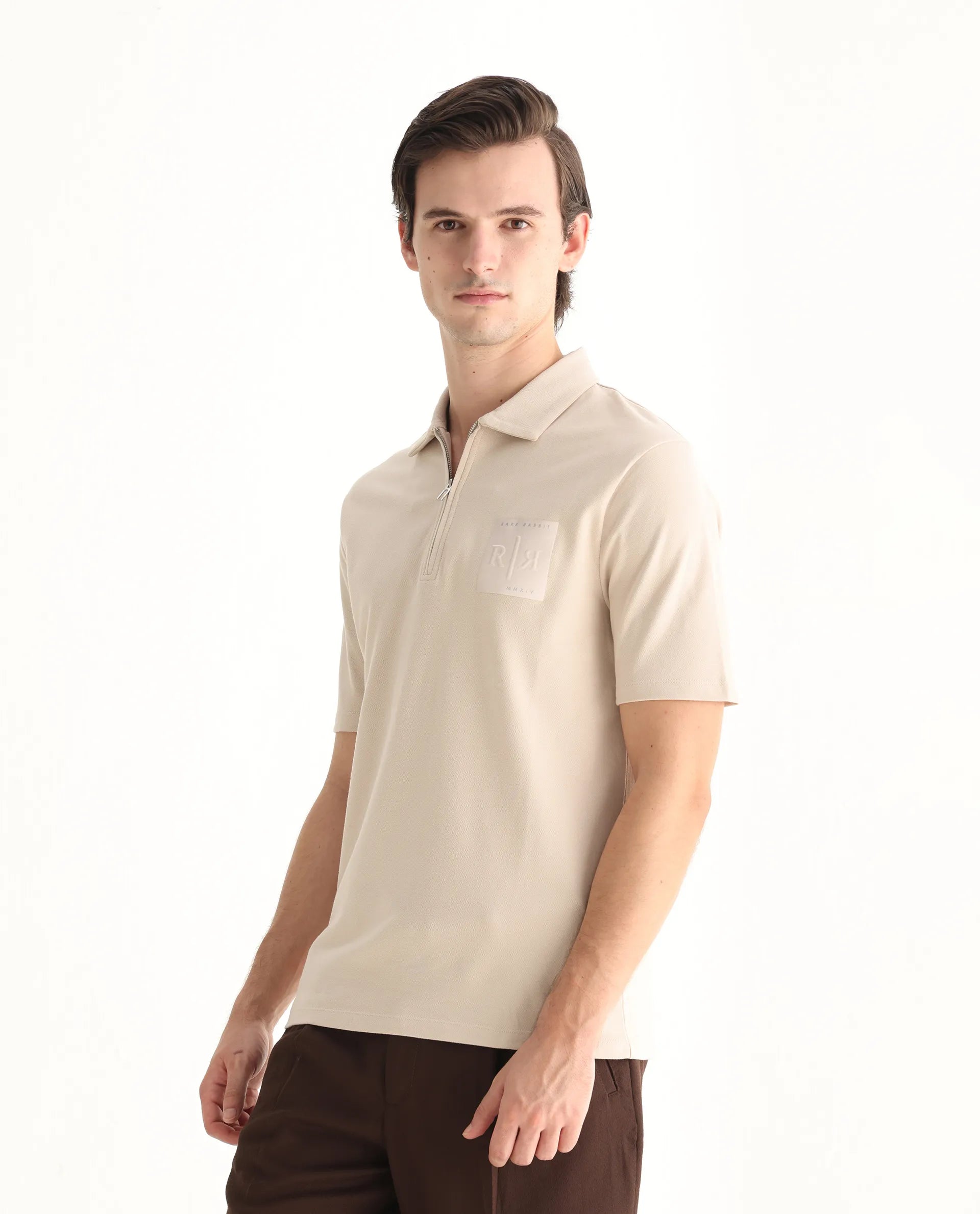 Rare Rabbit Men's Berner Beige Cotton Blend Graphic Print Regular Fit Half Sleeve Polo