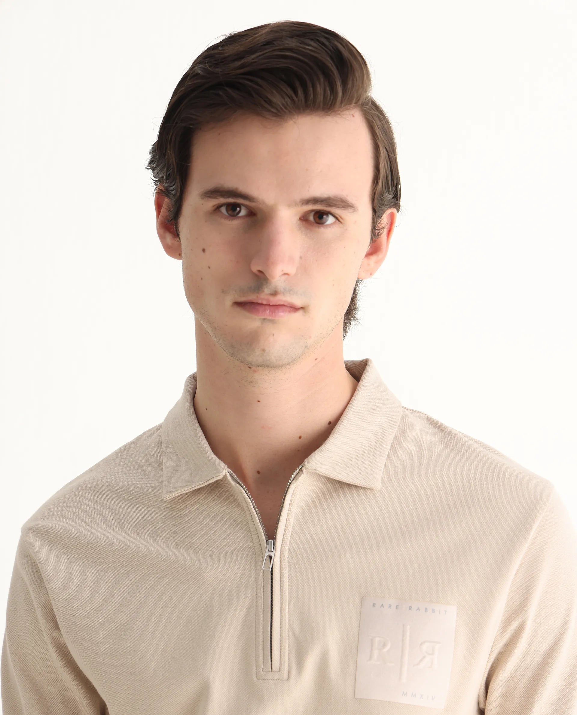 Rare Rabbit Men's Berner Beige Cotton Blend Graphic Print Regular Fit Half Sleeve Polo