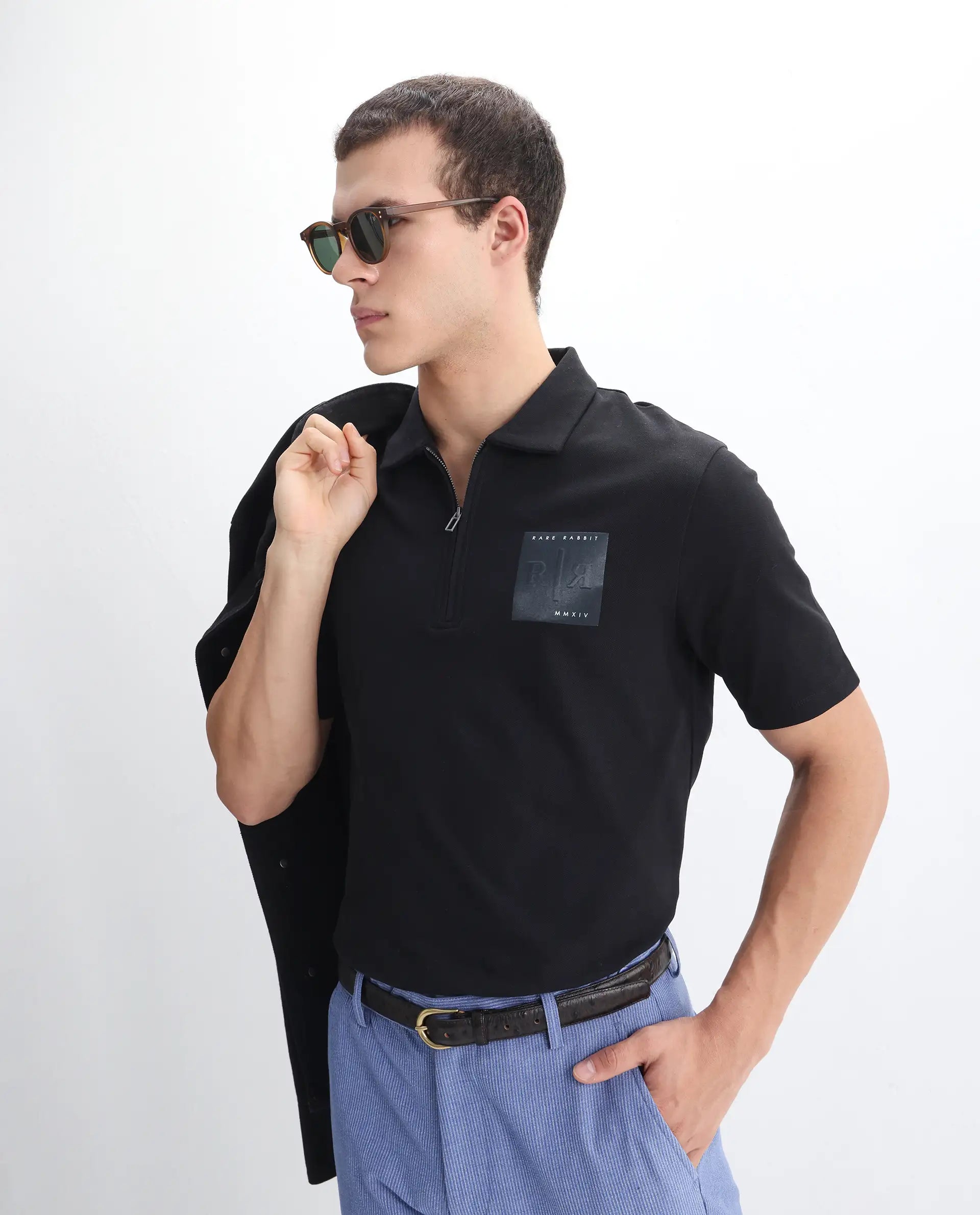 Rare Rabbit Men's Berner Black Cotton Blend Graphic Print Regular Fit Half Sleeve Polo