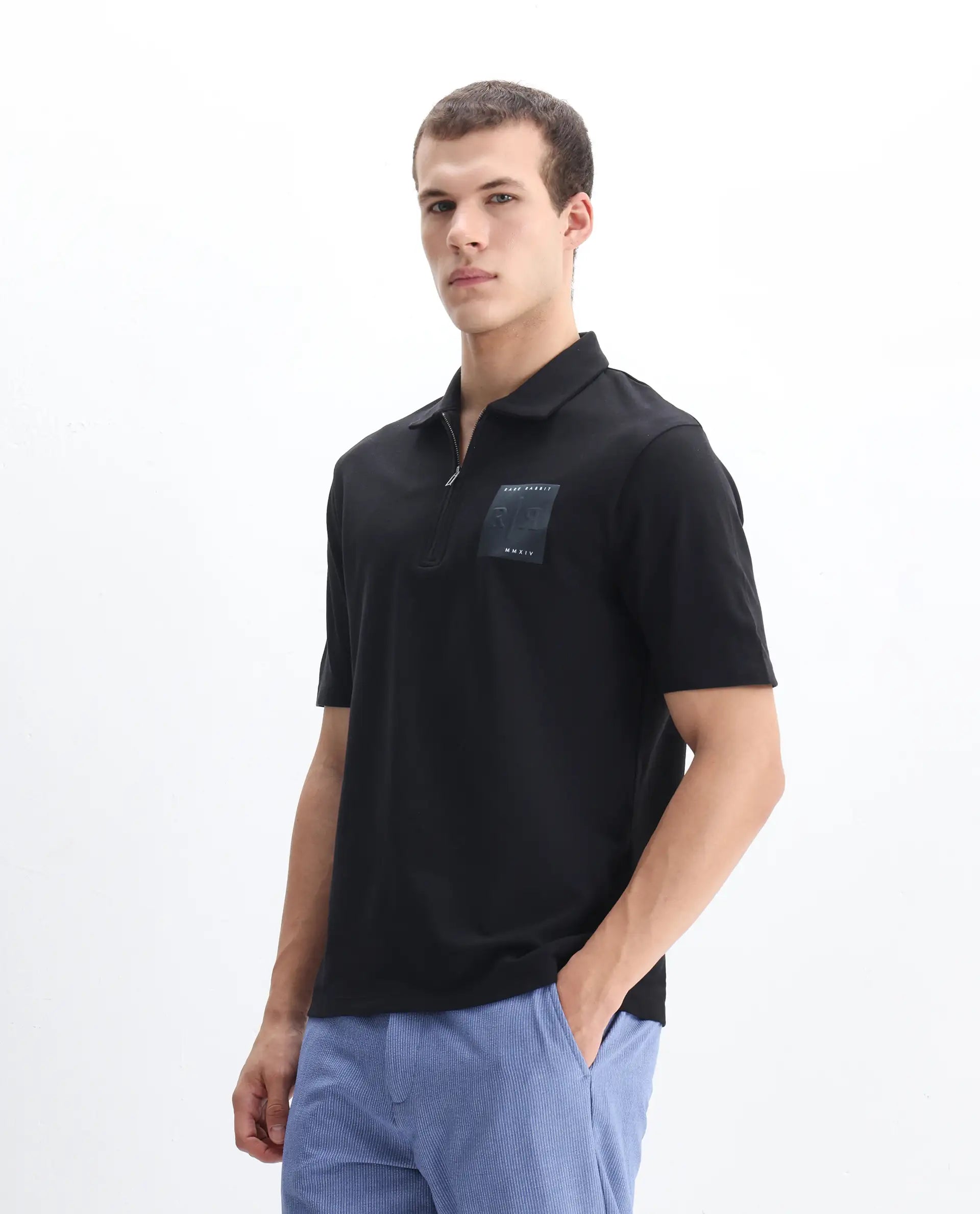 Rare Rabbit Men's Berner Black Cotton Blend Graphic Print Regular Fit Half Sleeve Polo