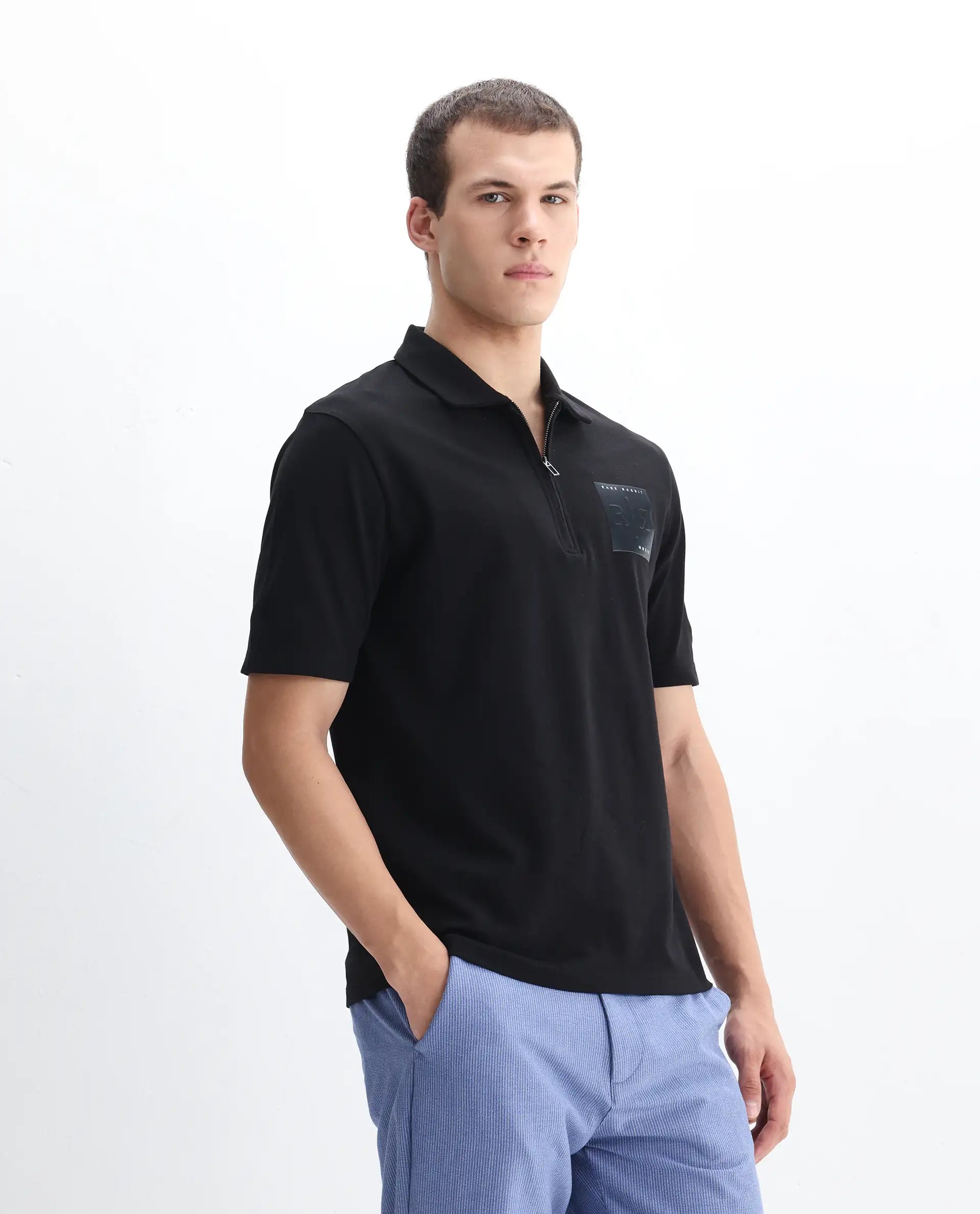 Rare Rabbit Men's Berner Black Cotton Blend Graphic Print Regular Fit Half Sleeve Polo