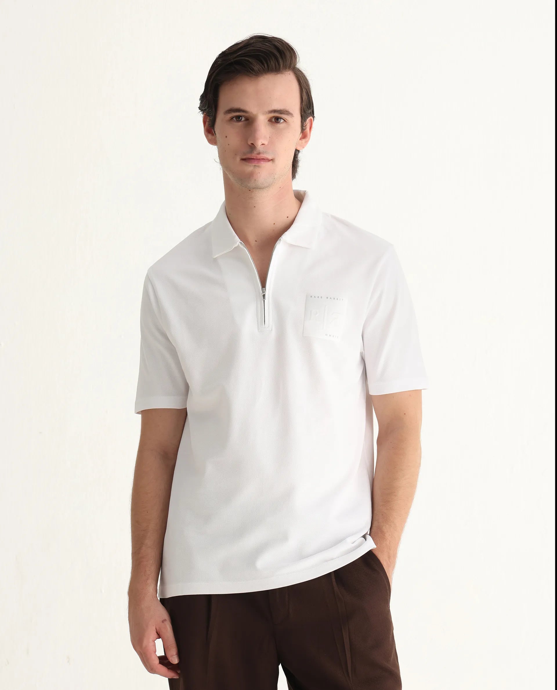 Rare Rabbit Men's Berner White Cotton Blend Graphic Print Regular Fit Half Sleeve Polo