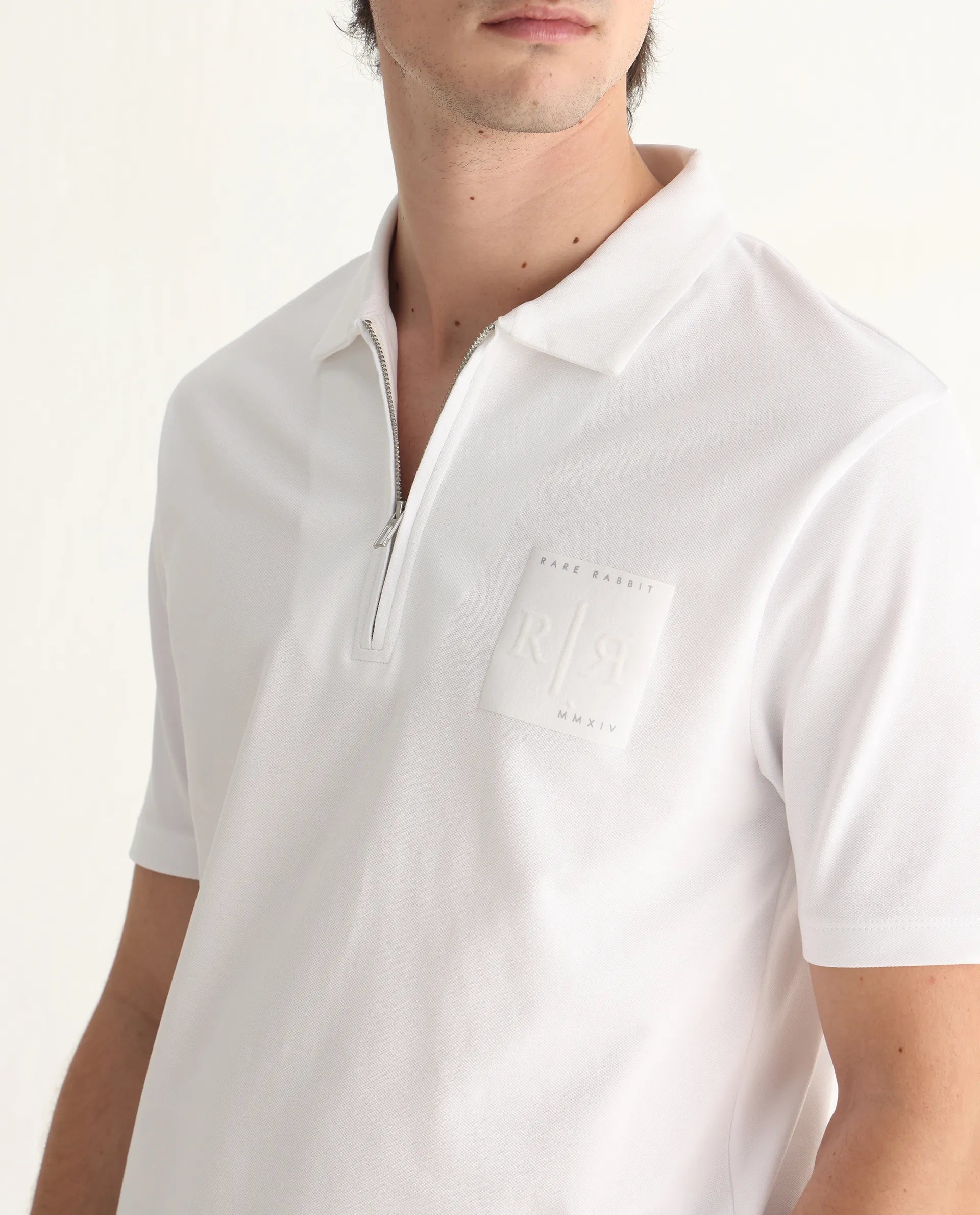 Rare Rabbit Men's Berner White Cotton Blend Graphic Print Regular Fit Half Sleeve Polo