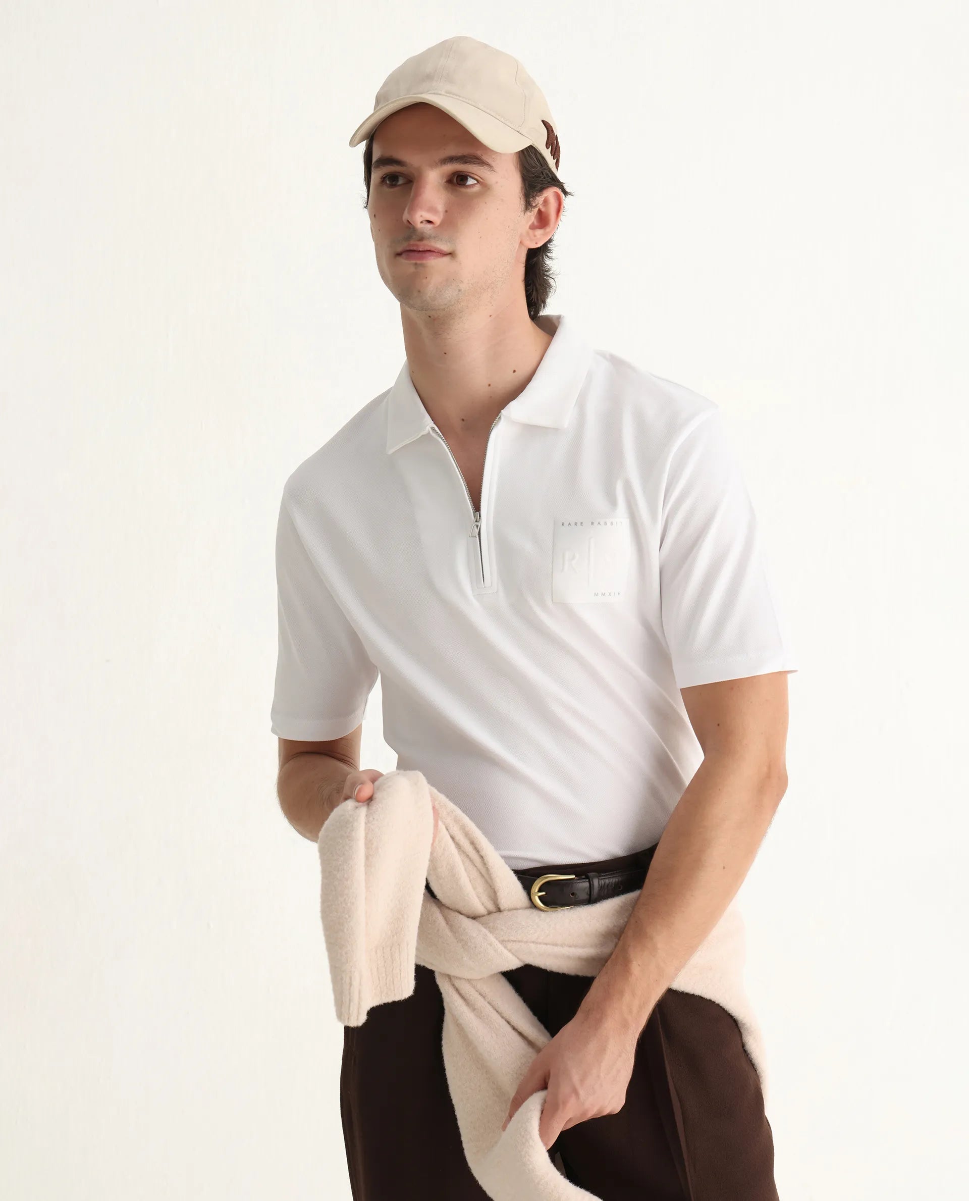 Rare Rabbit Men's Berner White Cotton Blend Graphic Print Regular Fit Half Sleeve Polo