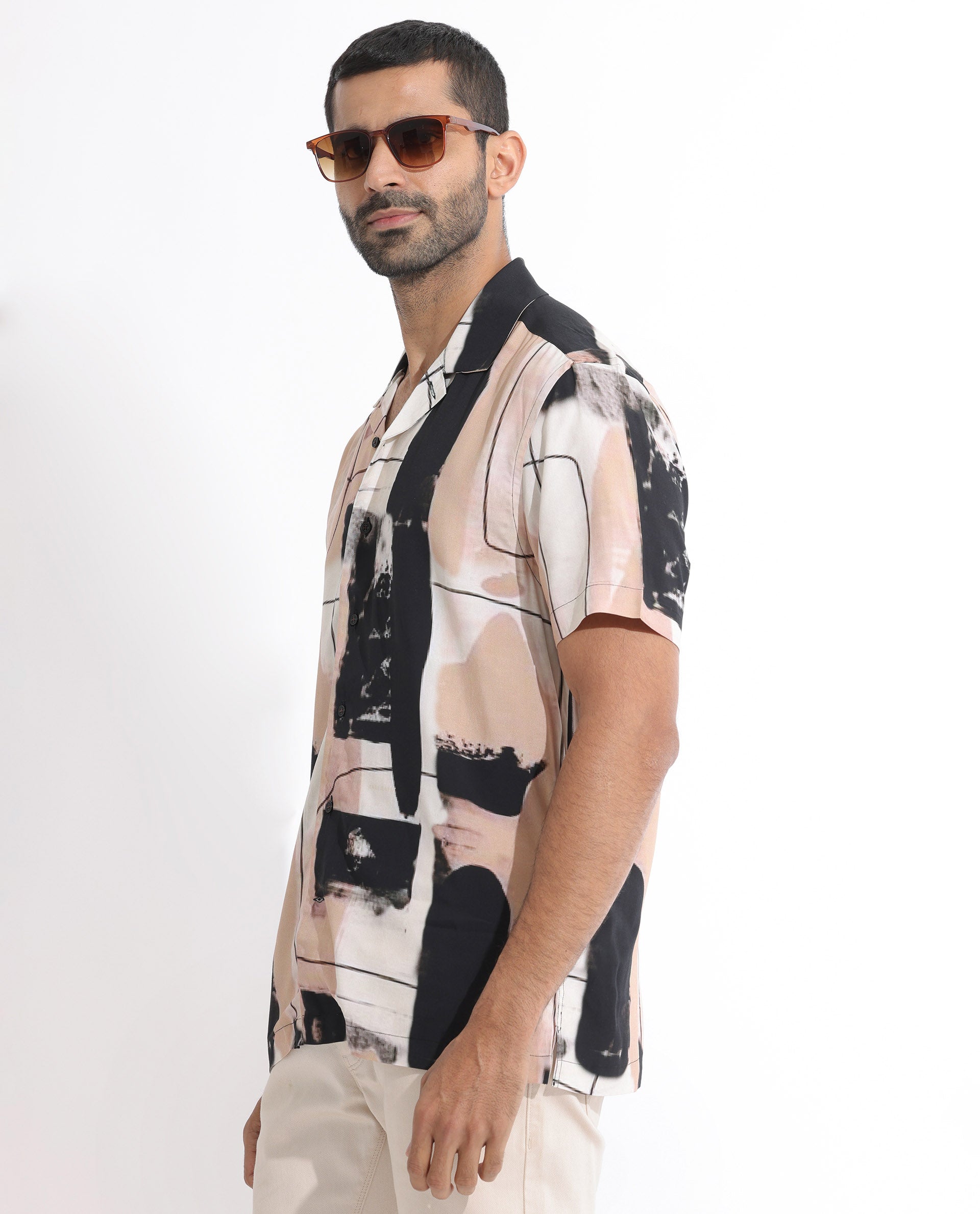 Rare Rabbit Men's Bexley Beige Viscose Fabric Cuban Collar Abstract Print Half Sleeves Shirt