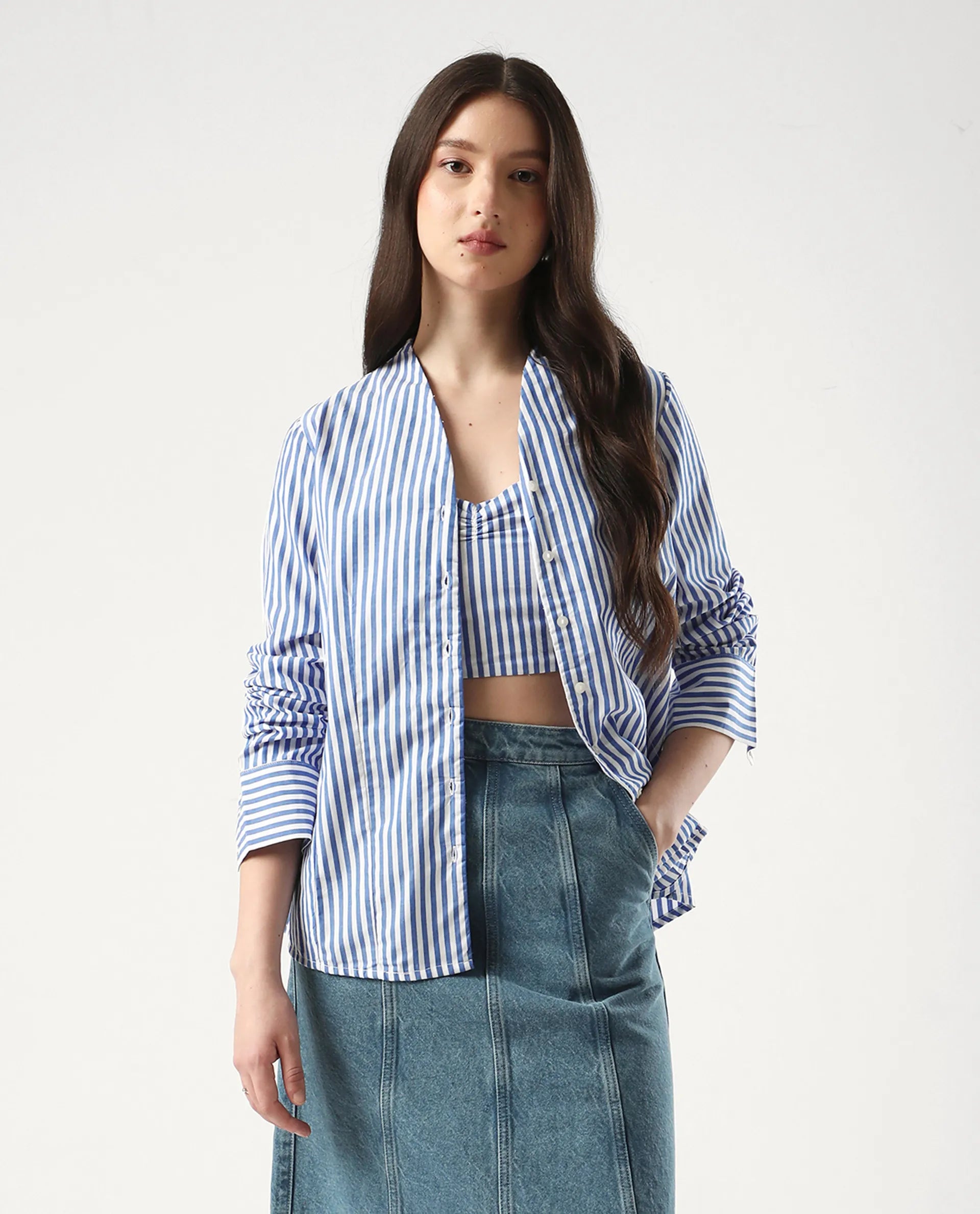 Rareism Women's Bhacan Blue Cotton V-Neck Striped Cuffed Sleeve Relaxed Fit Shirt