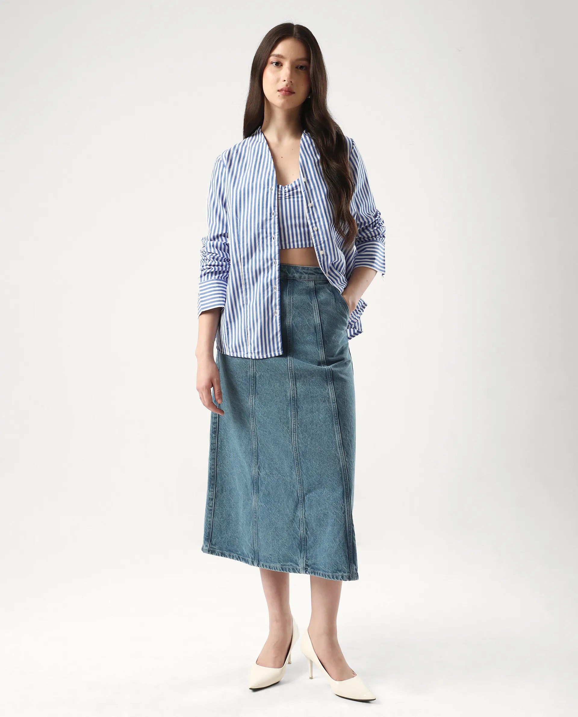 Rareism Women's Bhacan Blue Cotton V-Neck Striped Cuffed Sleeve Relaxed Fit Shirt