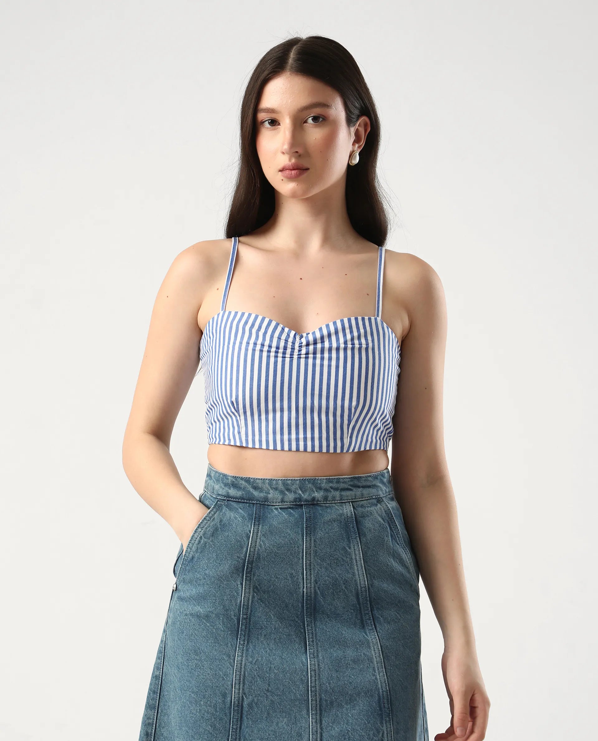 Rareism Women's Bhacan Blue Cotton V-Neck Striped Cuffed Sleeve Relaxed Fit Shirt