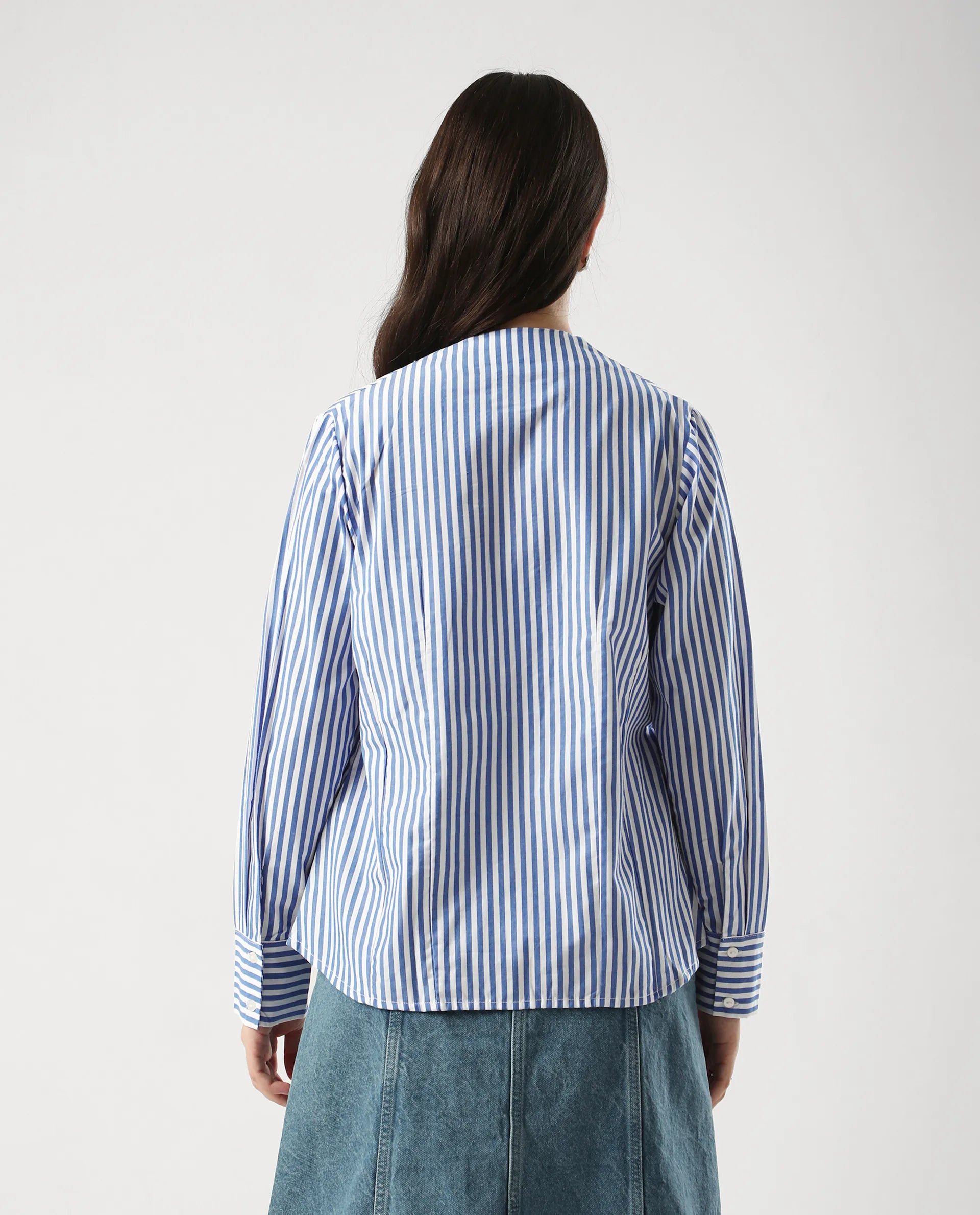 Rareism Women's Bhacan Blue Cotton V-Neck Striped Cuffed Sleeve Relaxed Fit Shirt