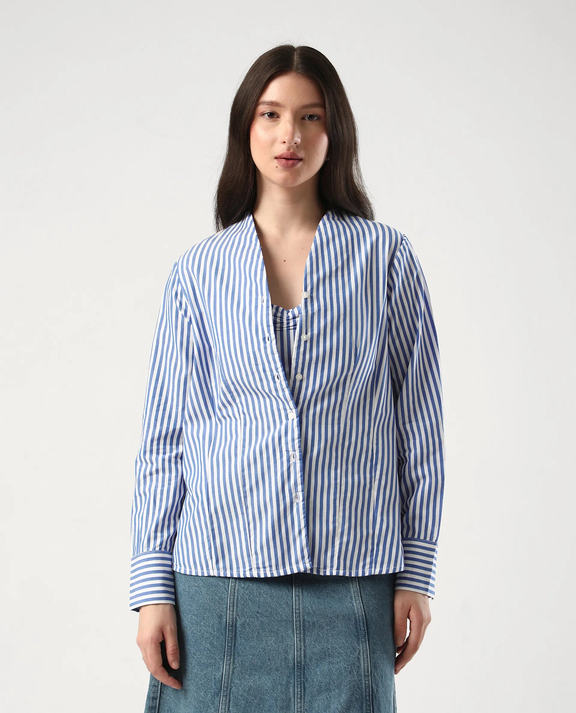 Rareism Women's Bhacan Blue Cotton V-Neck Striped Cuffed Sleeve Relaxed Fit Shirt