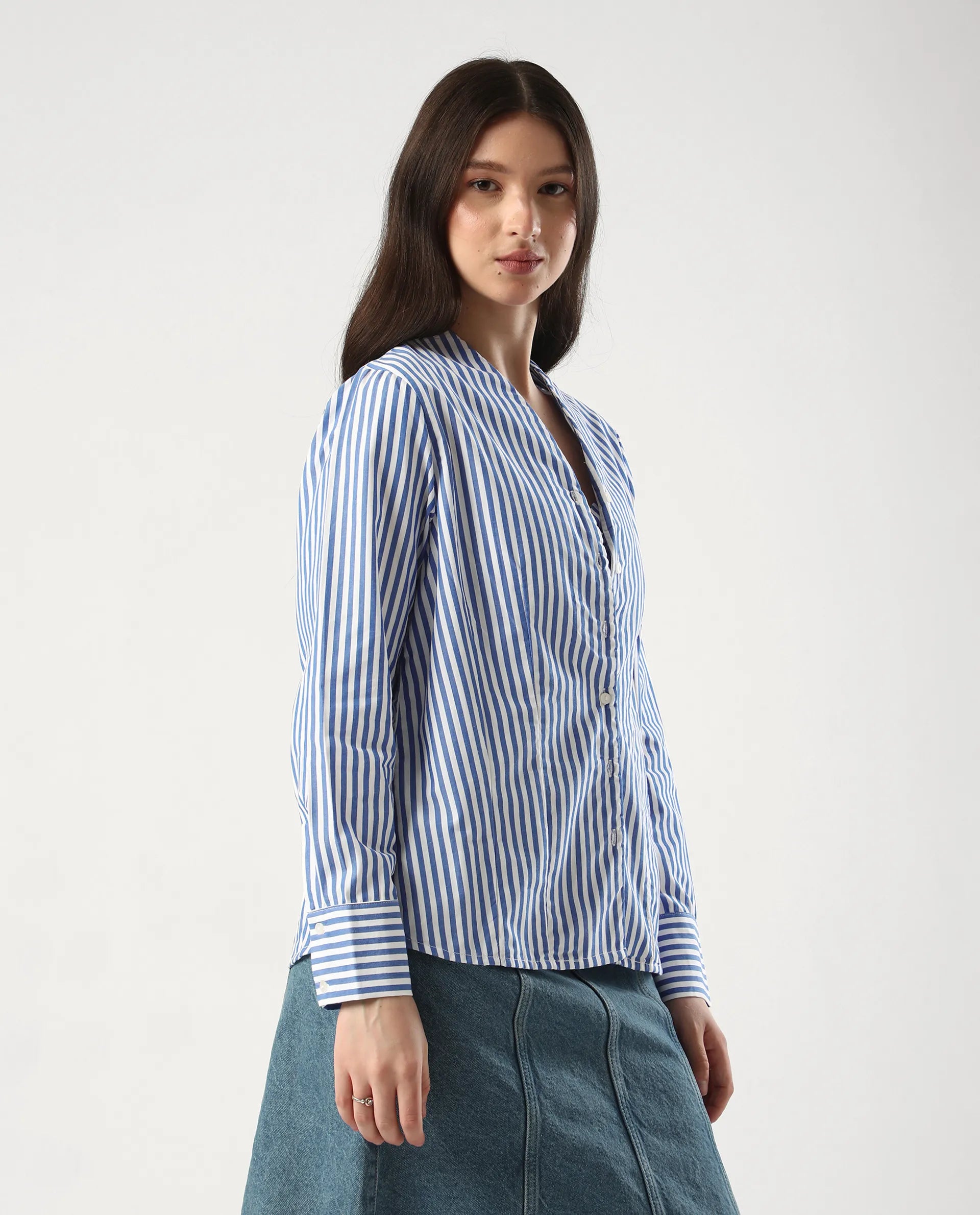 Rareism Women's Bhacan Blue Cotton V-Neck Striped Cuffed Sleeve Relaxed Fit Shirt