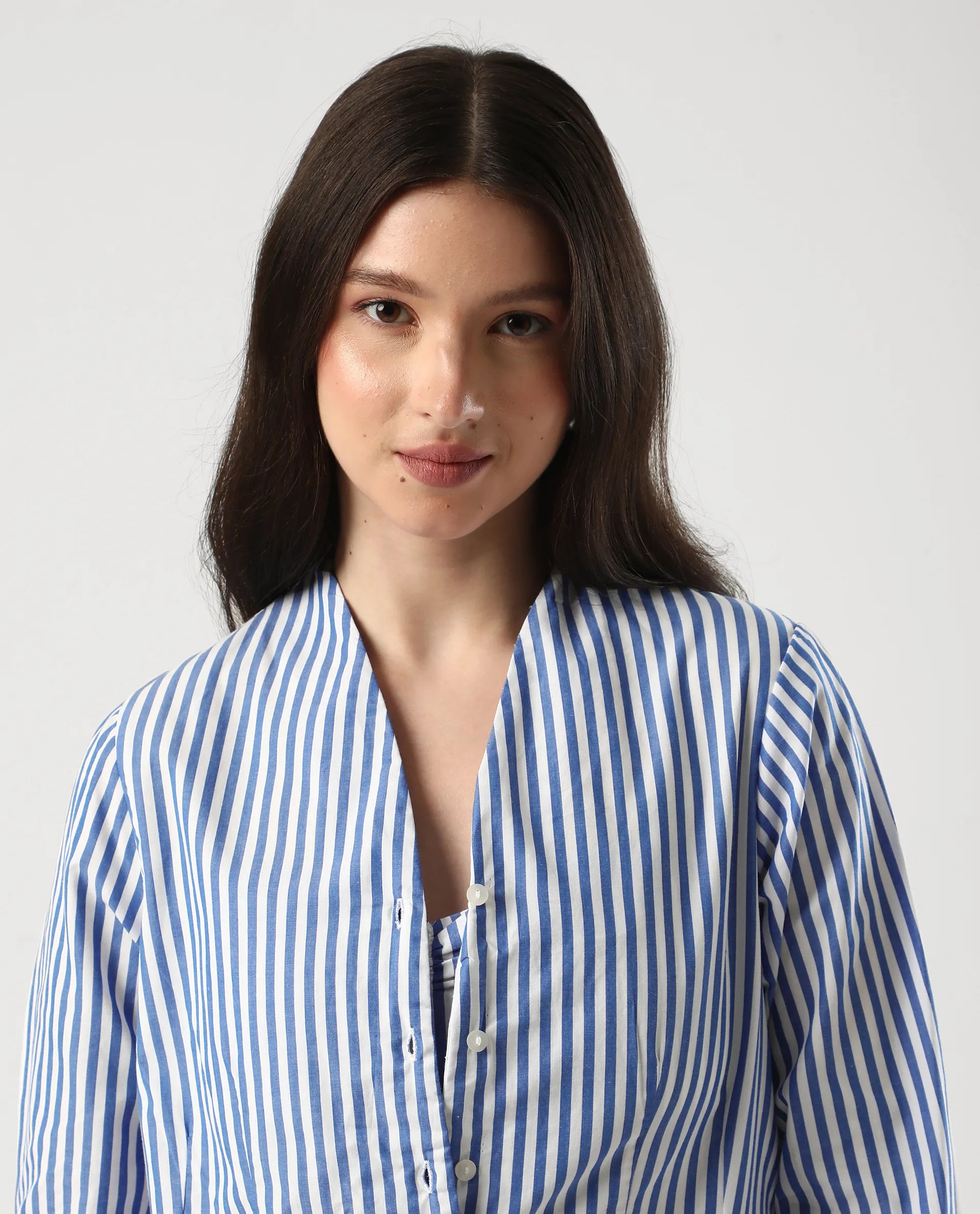 Rareism Women's Bhacan Blue Cotton V-Neck Striped Cuffed Sleeve Relaxed Fit Shirt