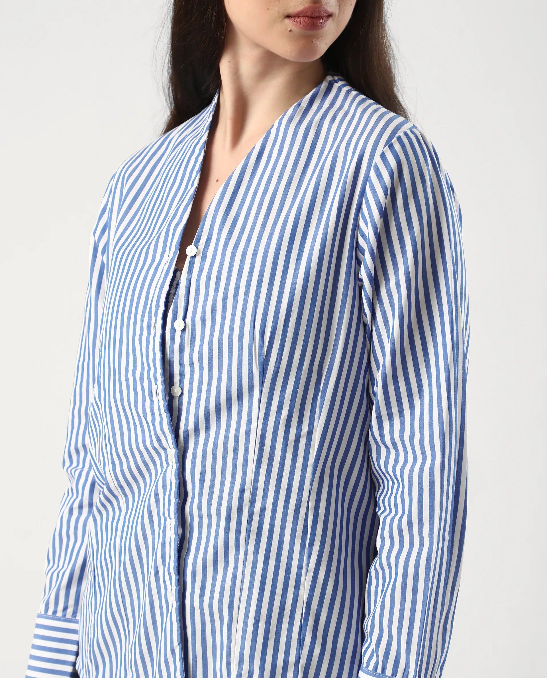 Rareism Women's Bhacan Blue Cotton V-Neck Striped Cuffed Sleeve Relaxed Fit Shirt