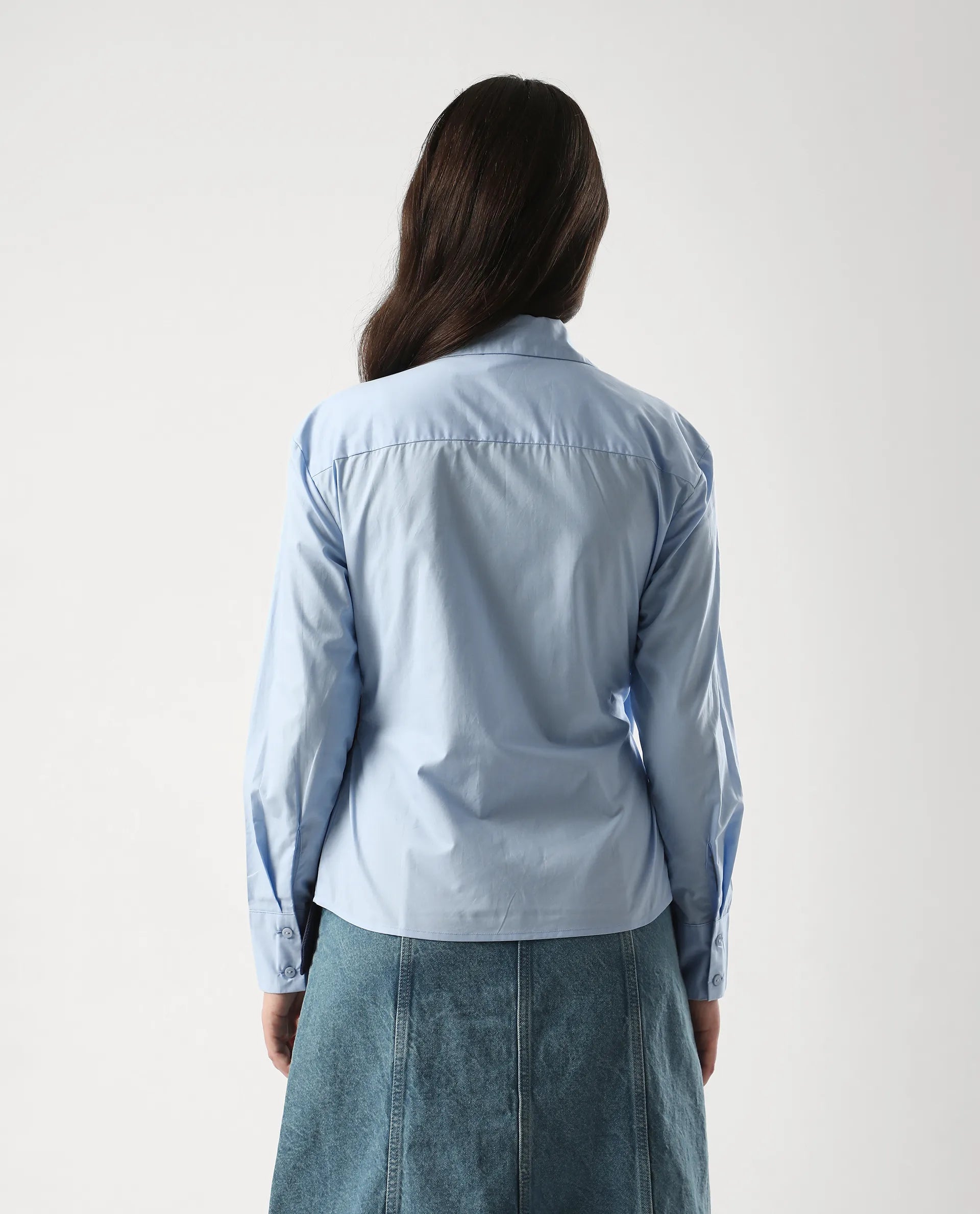 Rareism Women's Bhanella T Blue Cotton Spread Collar Plain Cuffed Sleeve Relaxed Fit Shirt