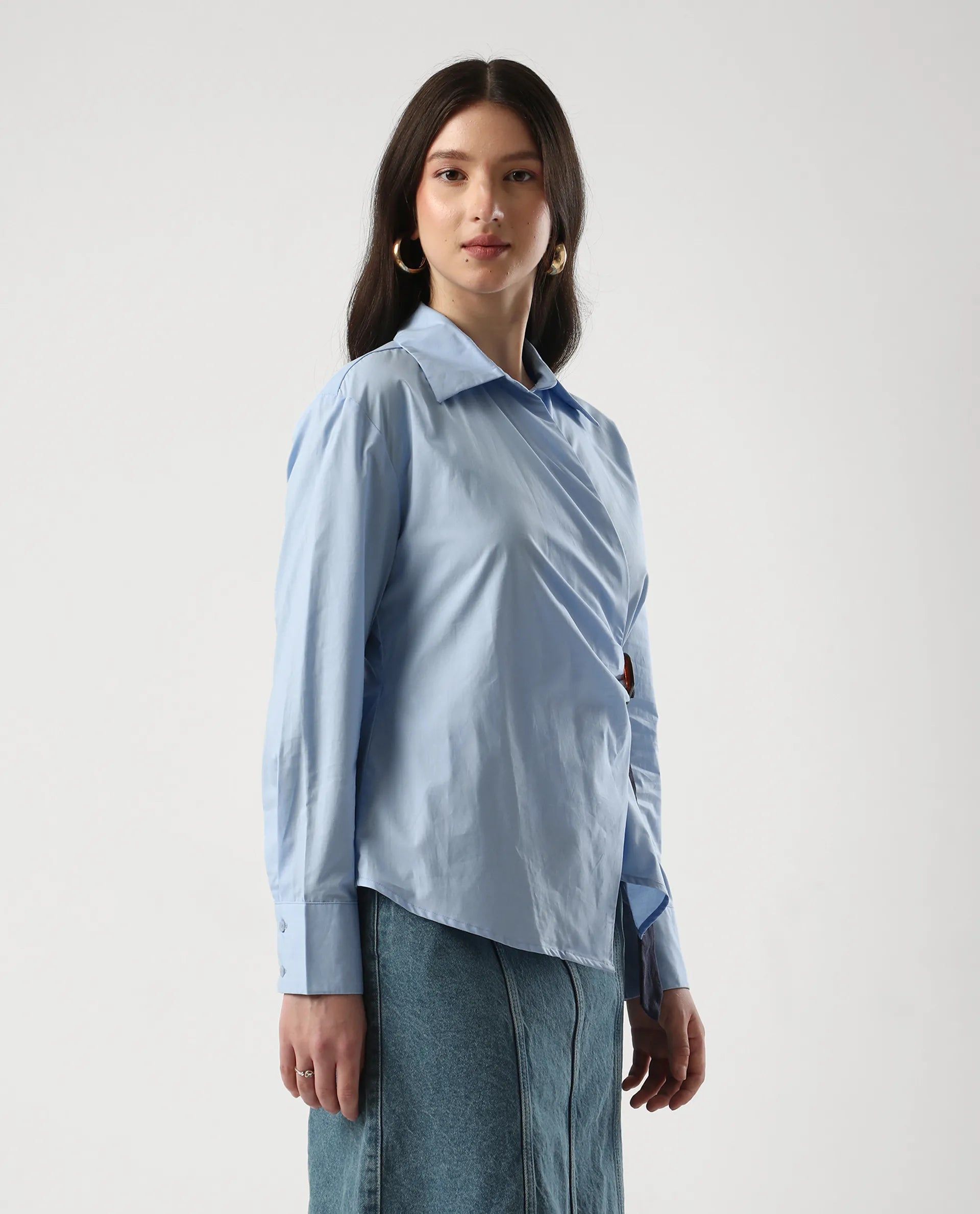 Rareism Women's Bhanella T Blue Cotton Spread Collar Plain Cuffed Sleeve Relaxed Fit Shirt
