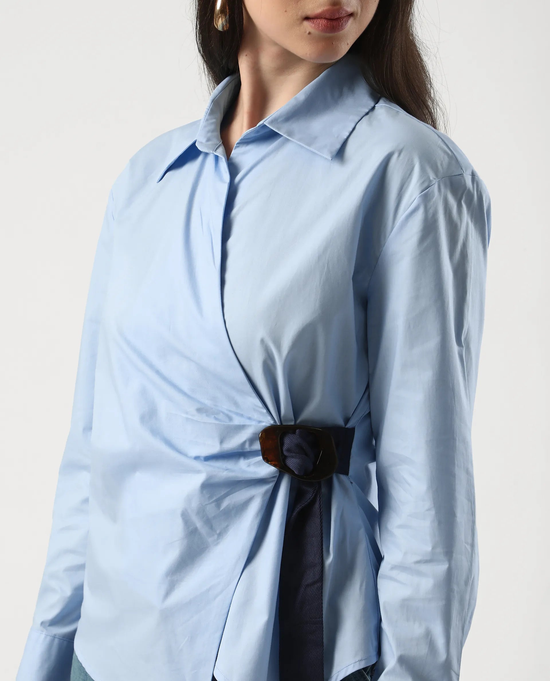 Rareism Women's Bhanella T Blue Cotton Spread Collar Plain Cuffed Sleeve Relaxed Fit Shirt
