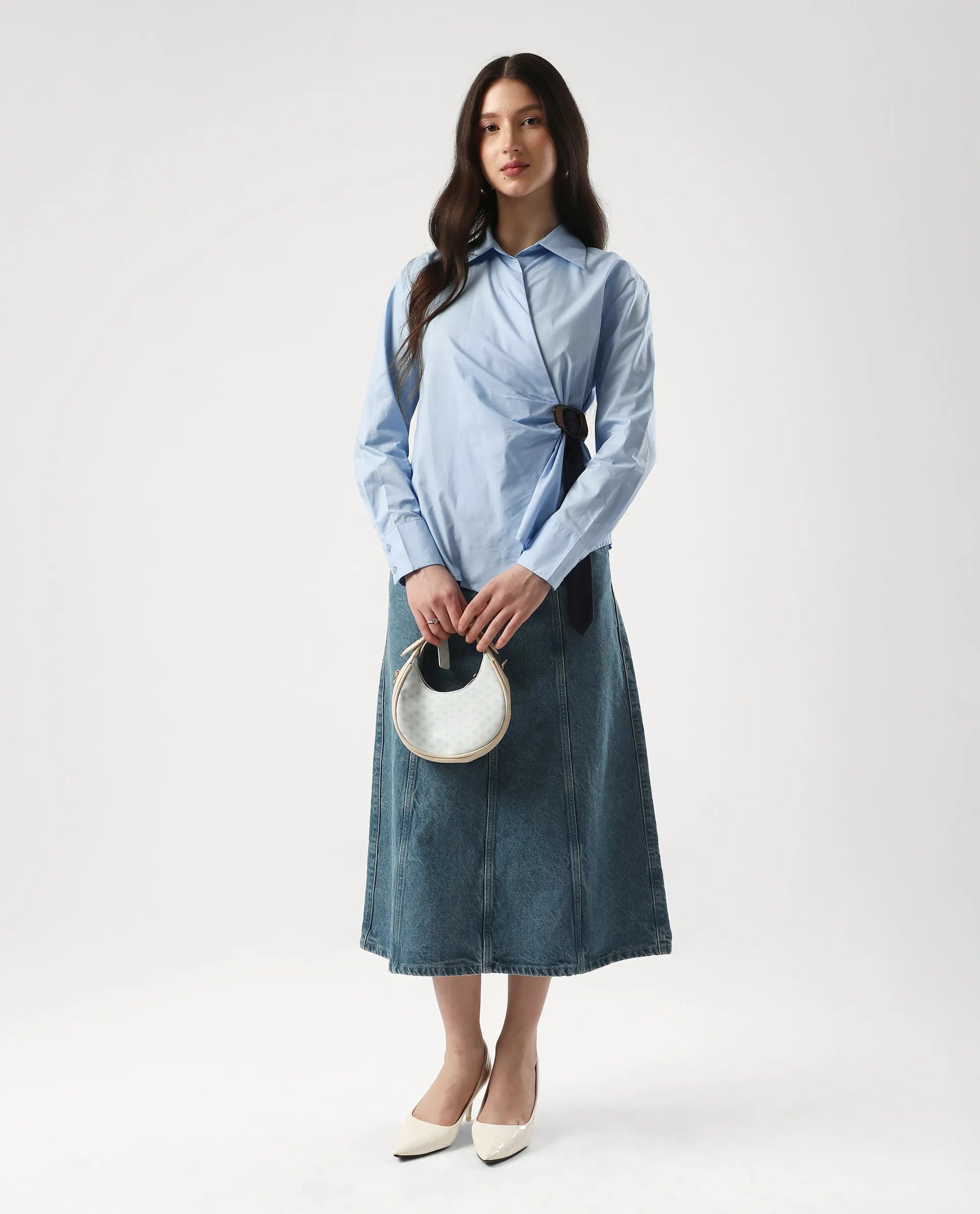 Rareism Women's Bhanella T Blue Cotton Spread Collar Plain Cuffed Sleeve Relaxed Fit Shirt